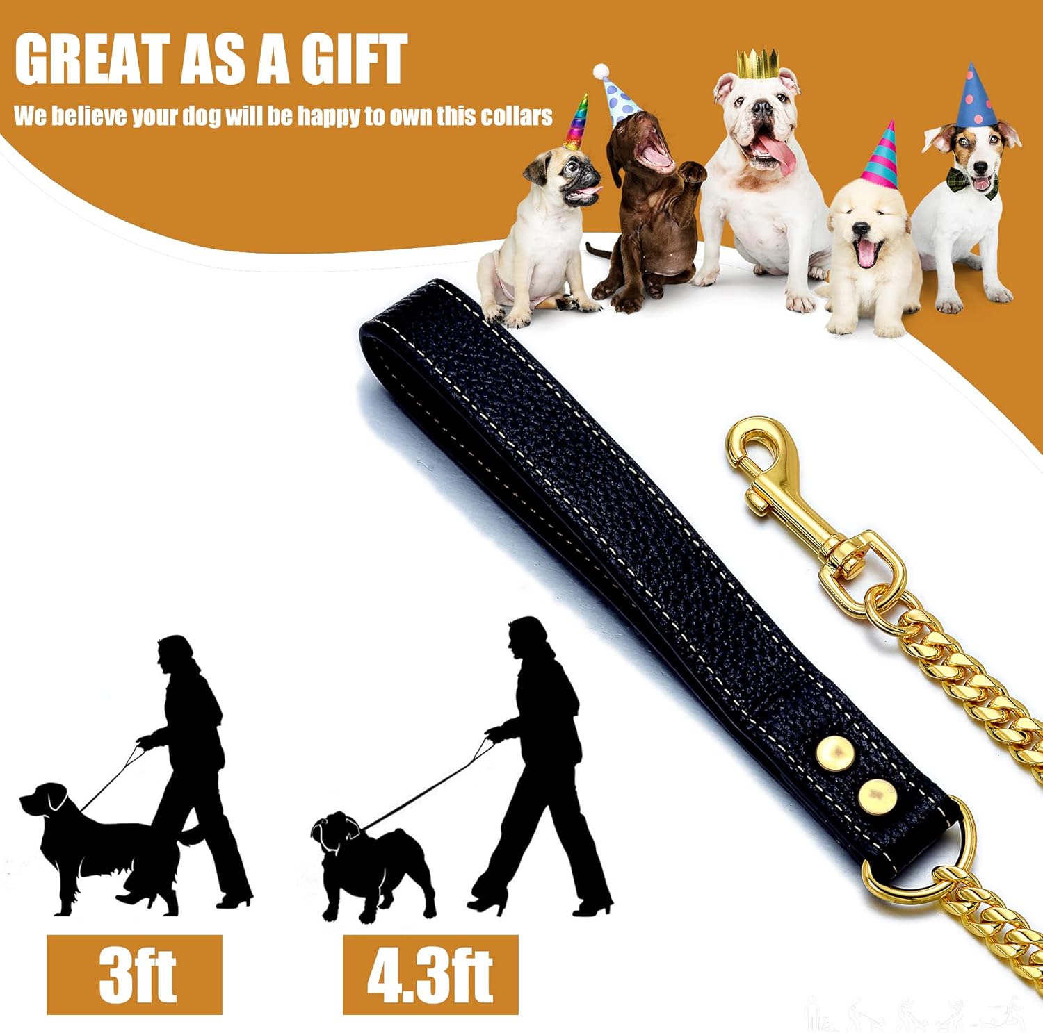 Correa de cadena para perro de 3 pies y 4.3 pies, acero inoxidable de oro de 18 quilates, correa para perro de 0.472 in con cómodo mango de cuero