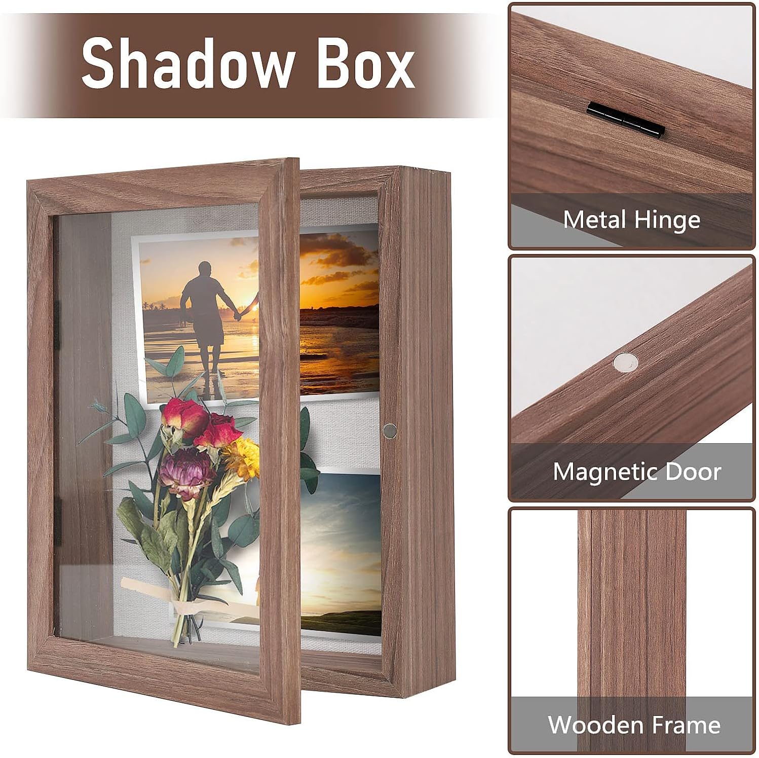 Muzilife Marco de fotos Shadow Box de 8 x 10 pulgadas  2.16 pulgadas de profundidad de madera y vidrio, caja de memoria lista para colgar, recuerdos