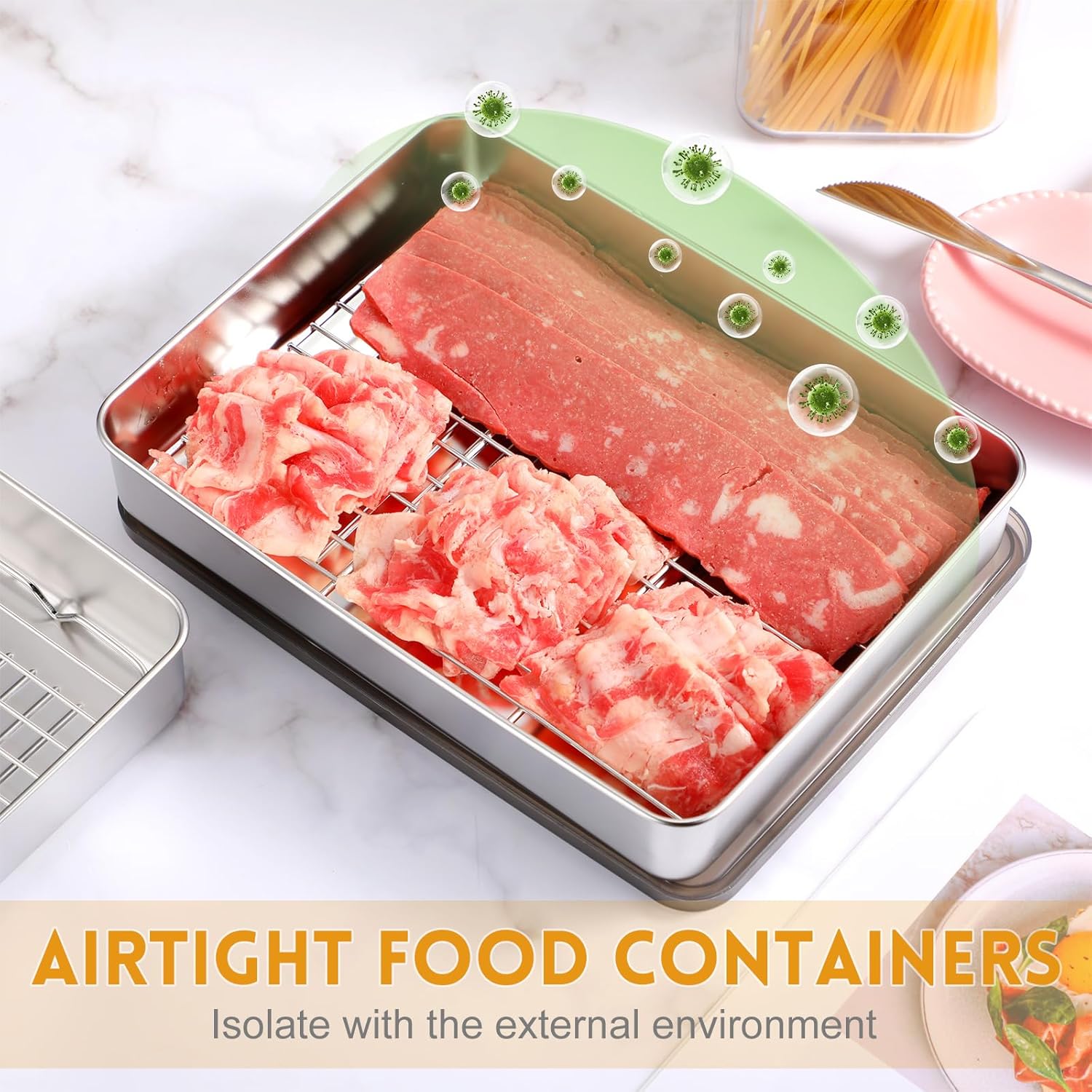 Paquete de 2 recipientes de tocino para refrigerador de acero inoxidable 304 herméticos recipientes de almacenamiento de carne de delicatessen