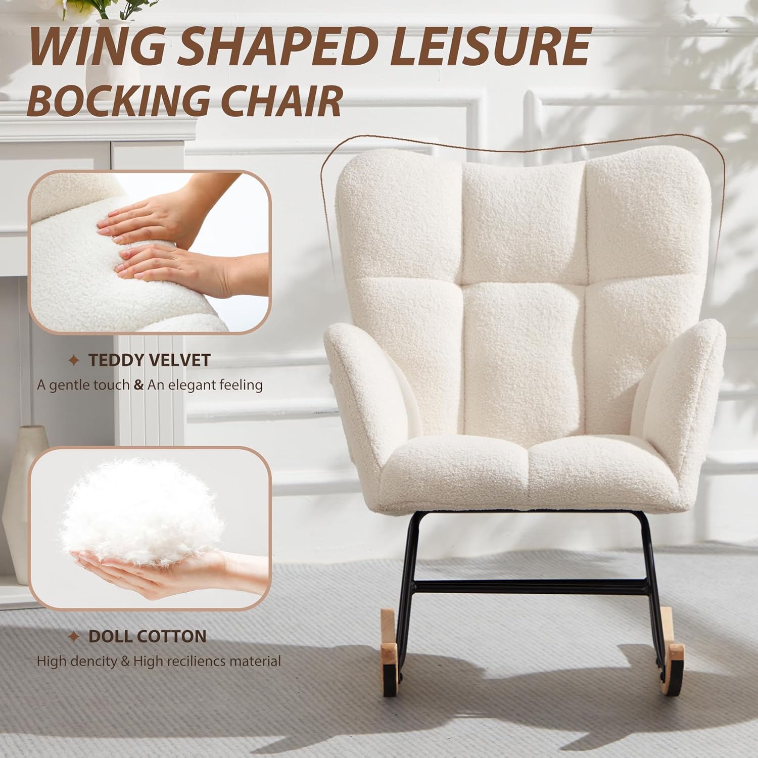 Mecedora para guardería, mecedora tapizada de peluche con respaldo alto, silla reclinable con bolsillo para dormitorio, sala de estar, oficina,