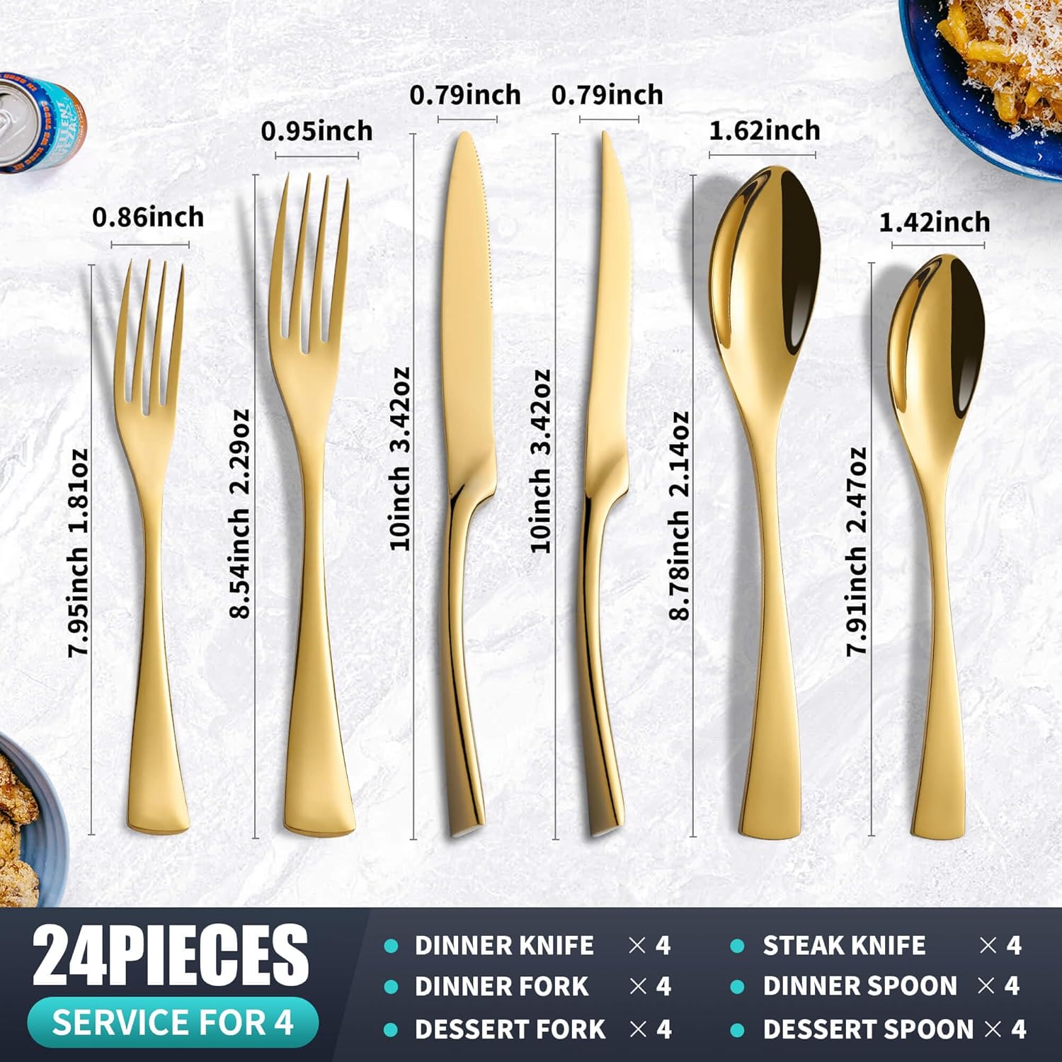 Juego de cubiertos dorados de 24 piezas con cuchillos de carne para 4, moderno juego de cubiertos de acero inoxidable 1810, juego de utensilios para