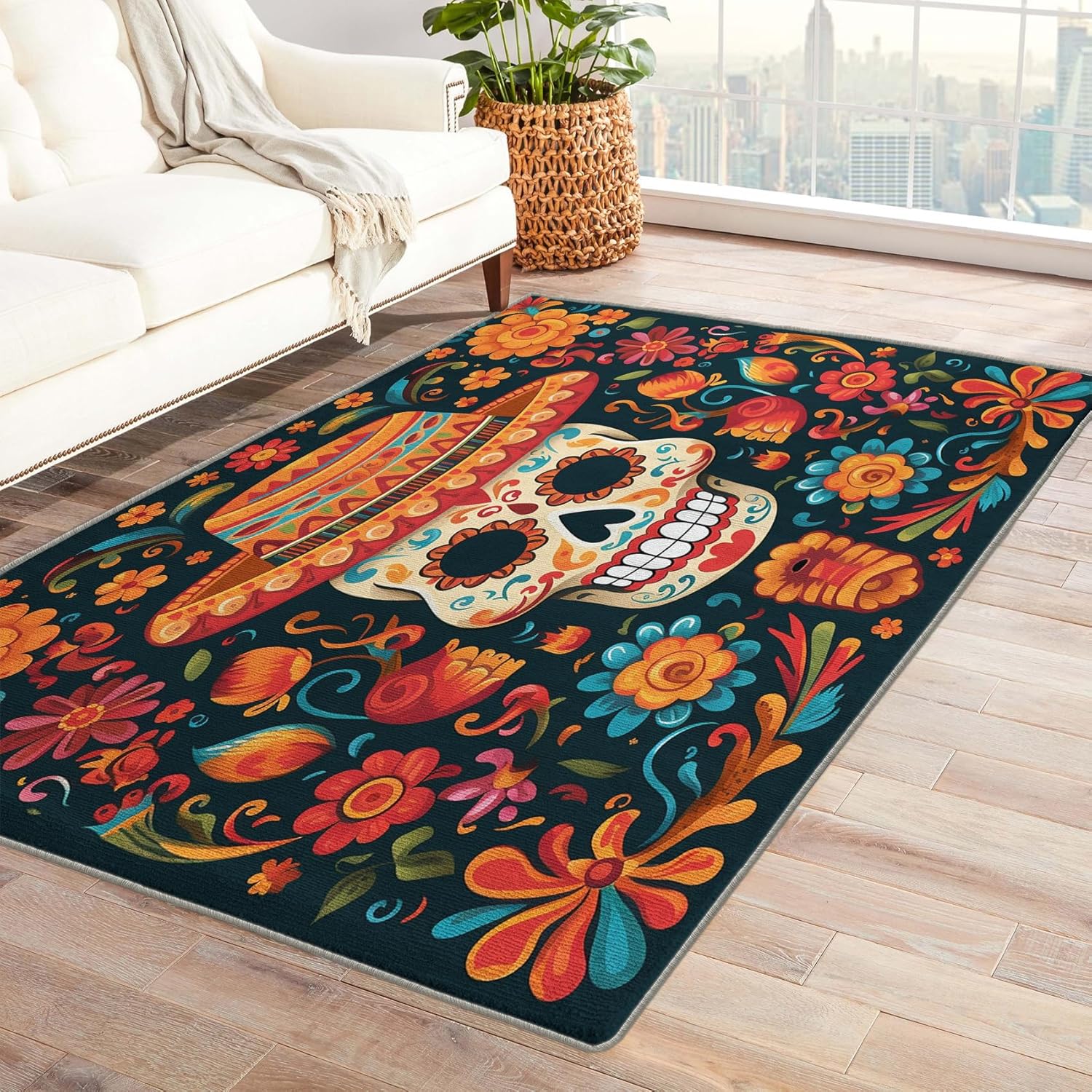 Alfombra de calavera de azúcar y decoración del hogar, alfombra mexicana de 6 x 8 pies, alfombra mexicana para sala de estar, dormitorio, alfombra