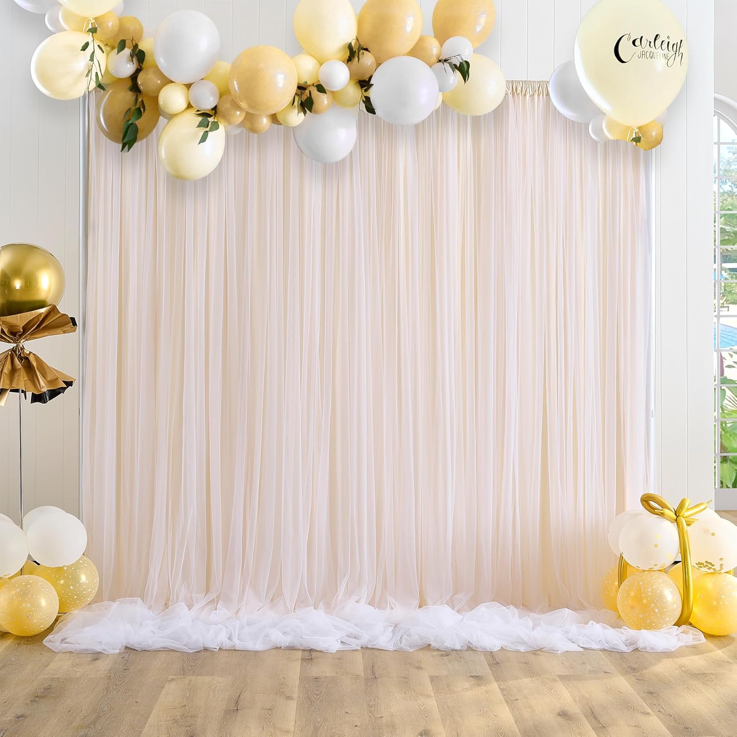 Paneles de cortina de tul champán de 30 x 10 pies, cortinas de tul blanco de doble capa, cortinas de tul de poliéster sin arrugas para bodas,