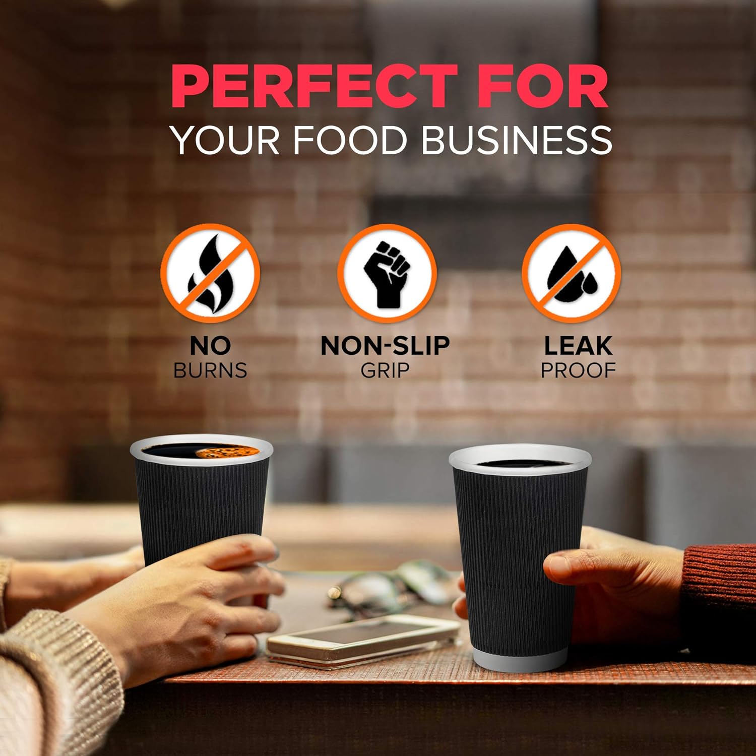Fit Meal Prep Paquete de 50 tazas calientes desechables  12 onzas negras con aislamiento de doble pared con mangas onduladas para llevar, bebidas