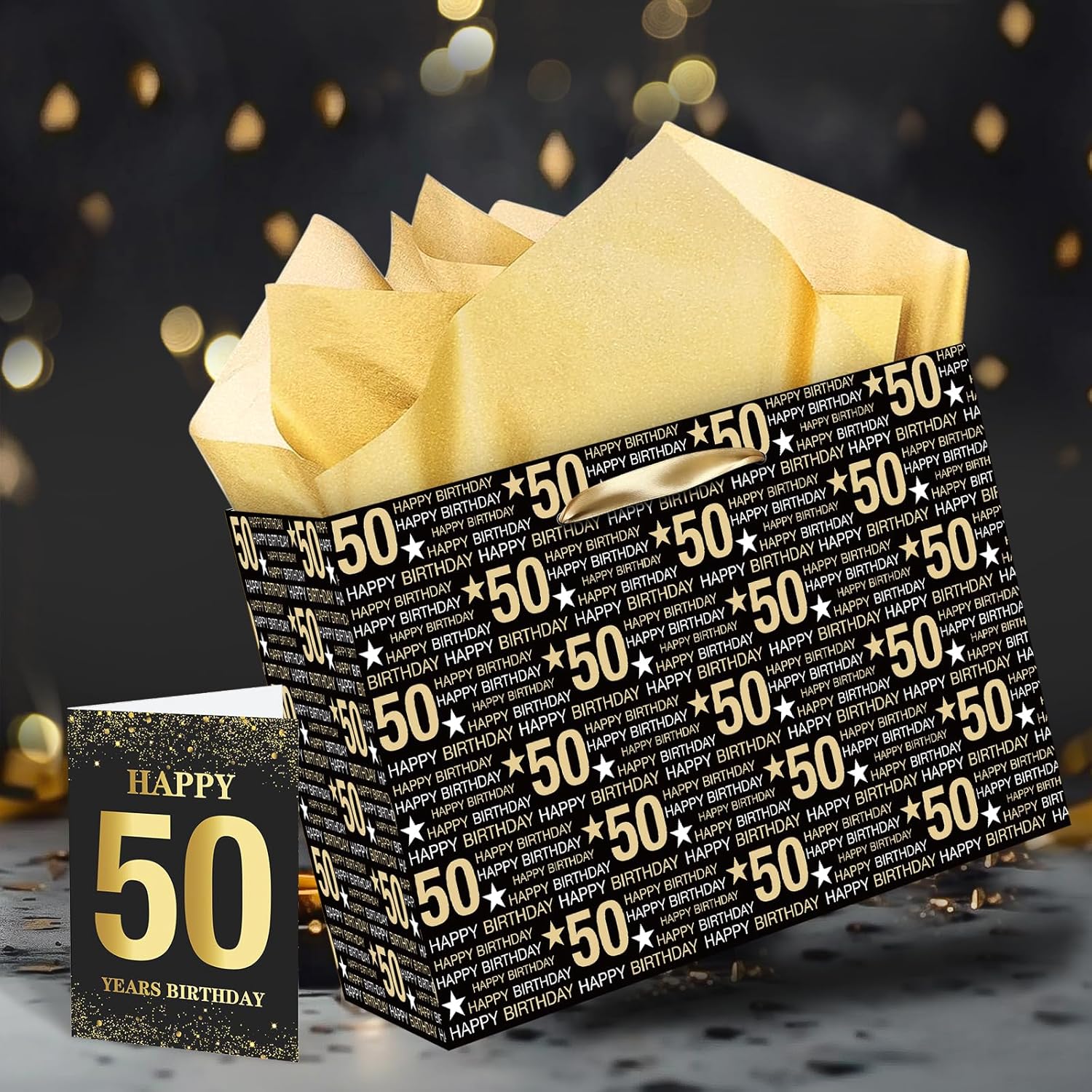 RUMIA Bolsa de regalo de cumpleaños número 50, bolsa de regalo de cumpleaños 50 con papel de seda y tarjeta, bolsas de regalo de papel kraft de 50