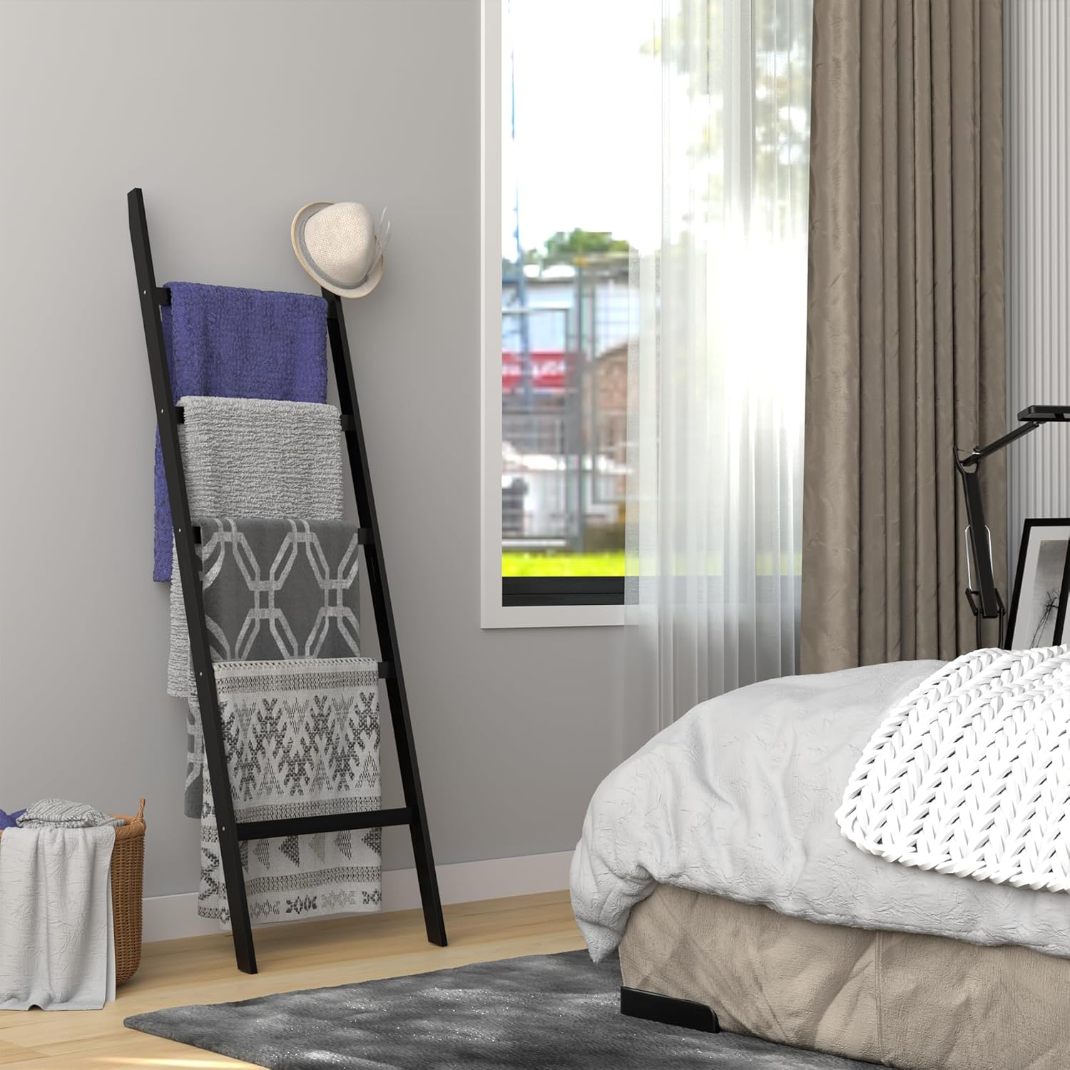Escalera para mantas, 5 niveles de bambú elegante soporte para manta de pared, 60 pulgadas de granja y decoración rústica del hogar para salas de