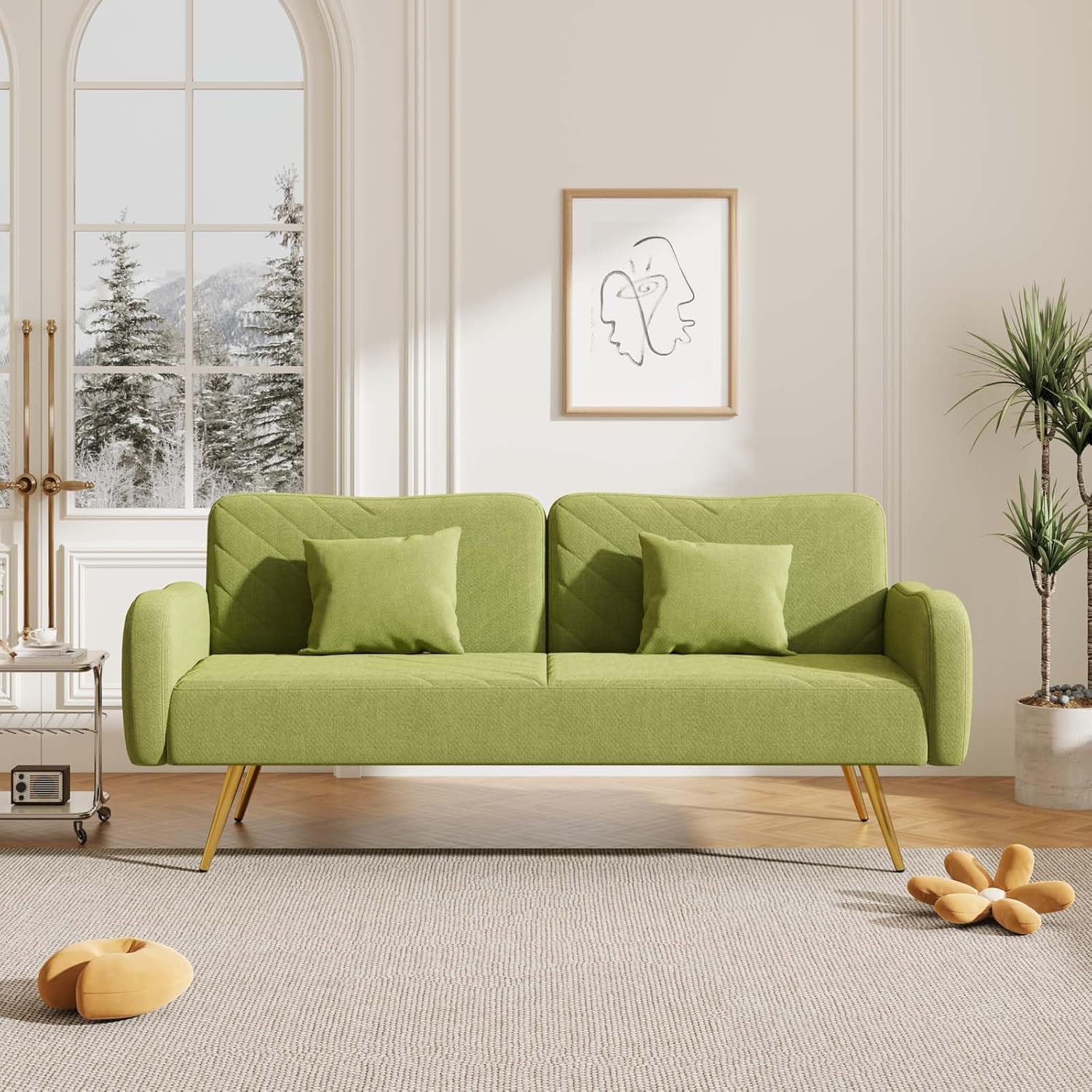 Moderno sofá cama futón con 2 almohadas, sofá cama convertible con 3 ángulos ajustables con respaldo dividido y patas de metal sólido para sala de