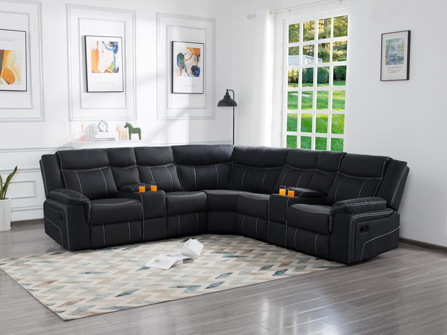 Moderno sofá seccional de movimiento manual en forma de L esquinero de 5 plazas, sofá reclinable curvado y simétrico tapizado con 2 consolas de