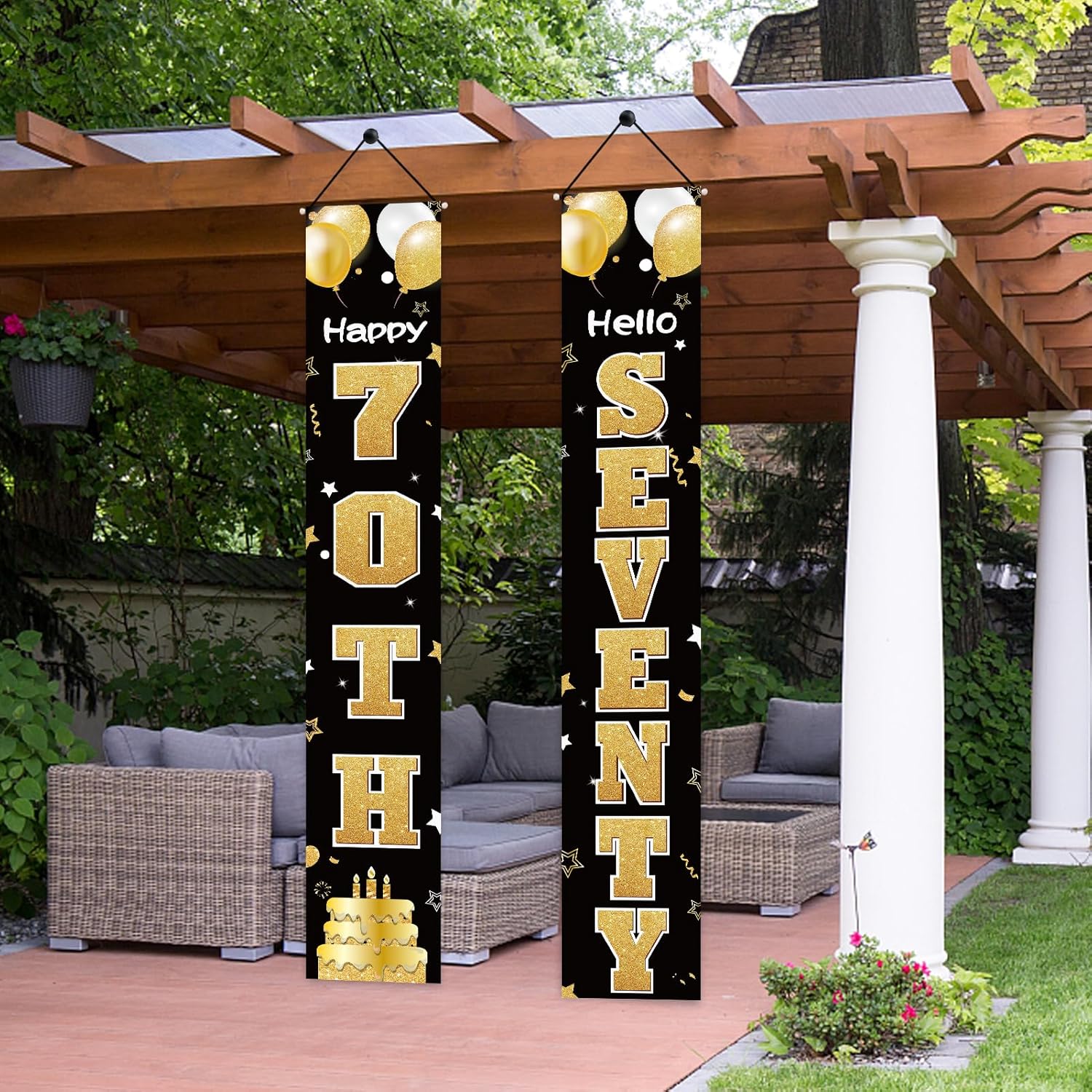 Cartel de 70 cumpleaños para puerta para mujeres y hombres, color negro y dorado con texto en inglés “Hello Seventy Porch”, suministros de fiesta,