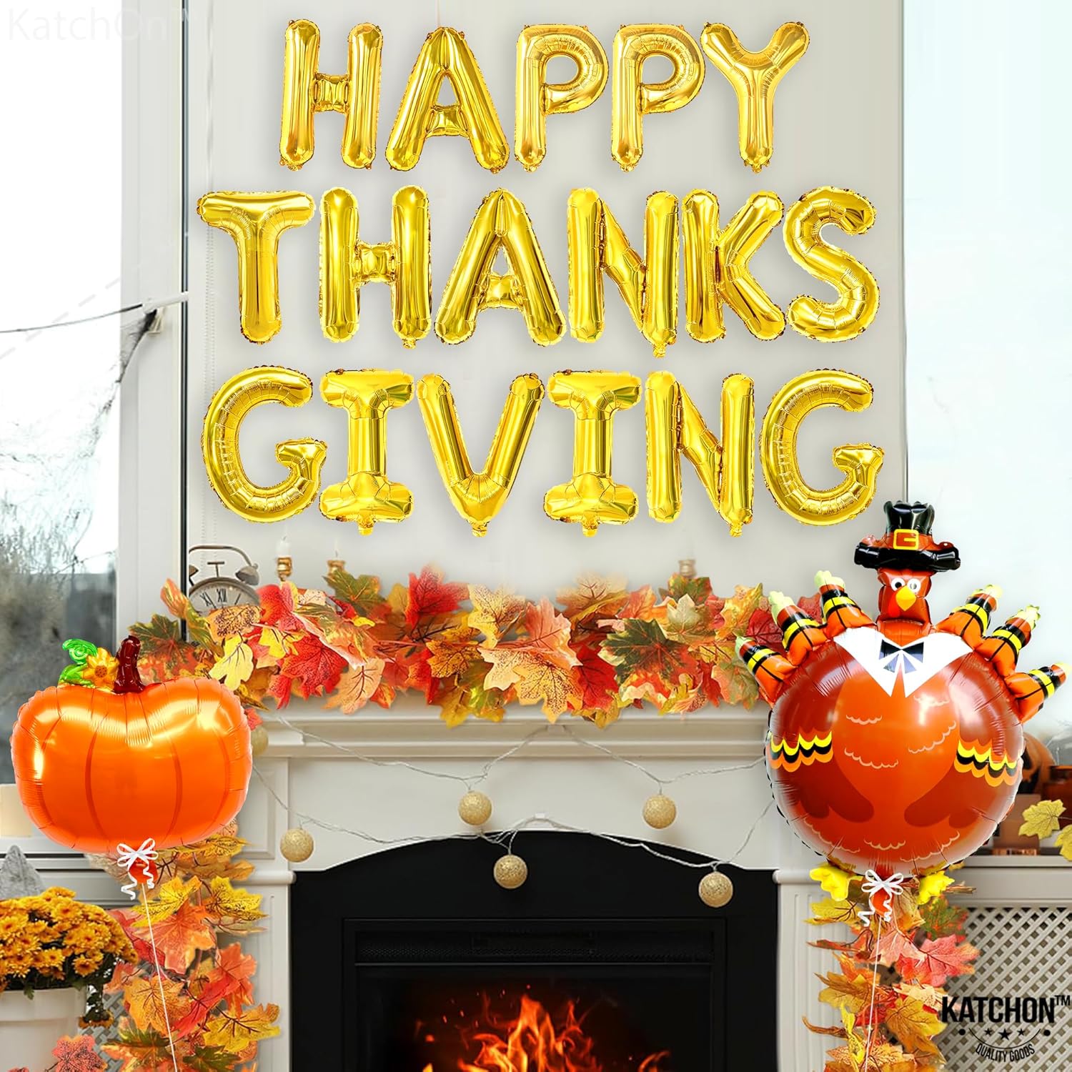 KatchOn, Juego de pancartas de globos con texto en inglés Happy Thanksgiving, tamaño grande de 16 pulgadas, paquete de 3, globos de pavo y calabaza,