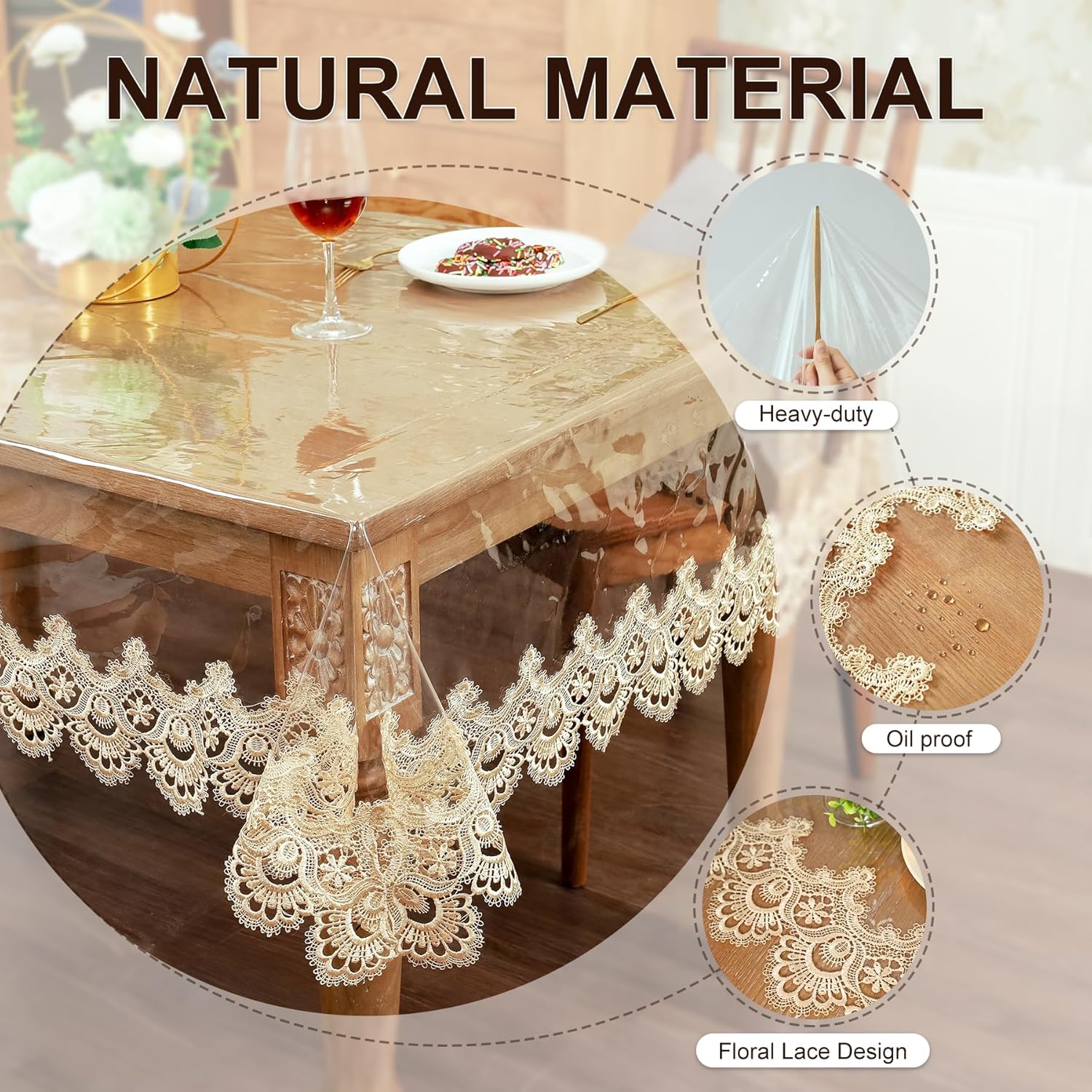 OOKSEN Mantel de encaje, mantel de plástico transparente, impermeable, rectangular, protector oblongo, para cocina, comedor, decoración de Navidad