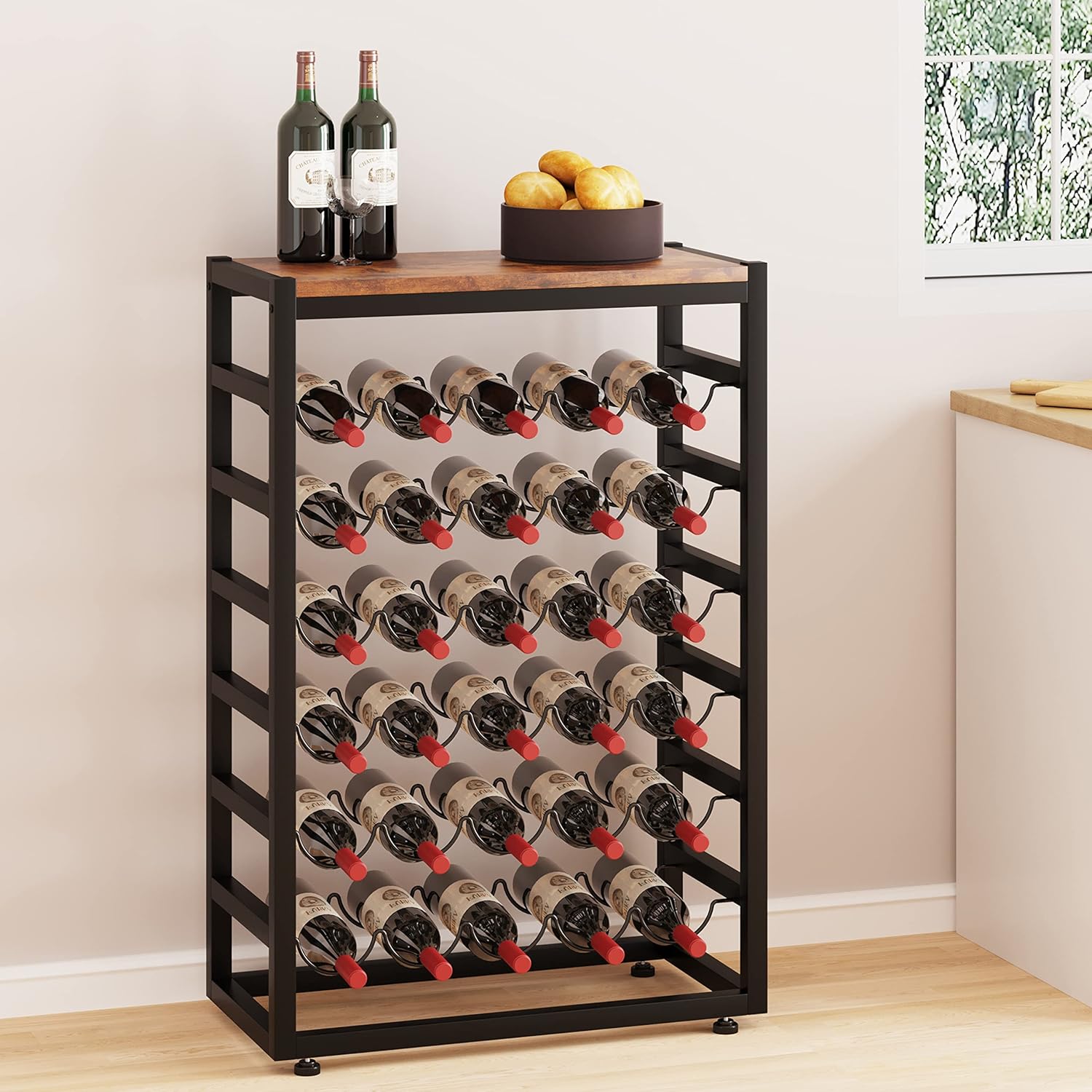 Dripex Estante de vino para 30 botellas, estante de almacenamiento de vino de 6 niveles con mesa de madera, soporte de metal resistente para