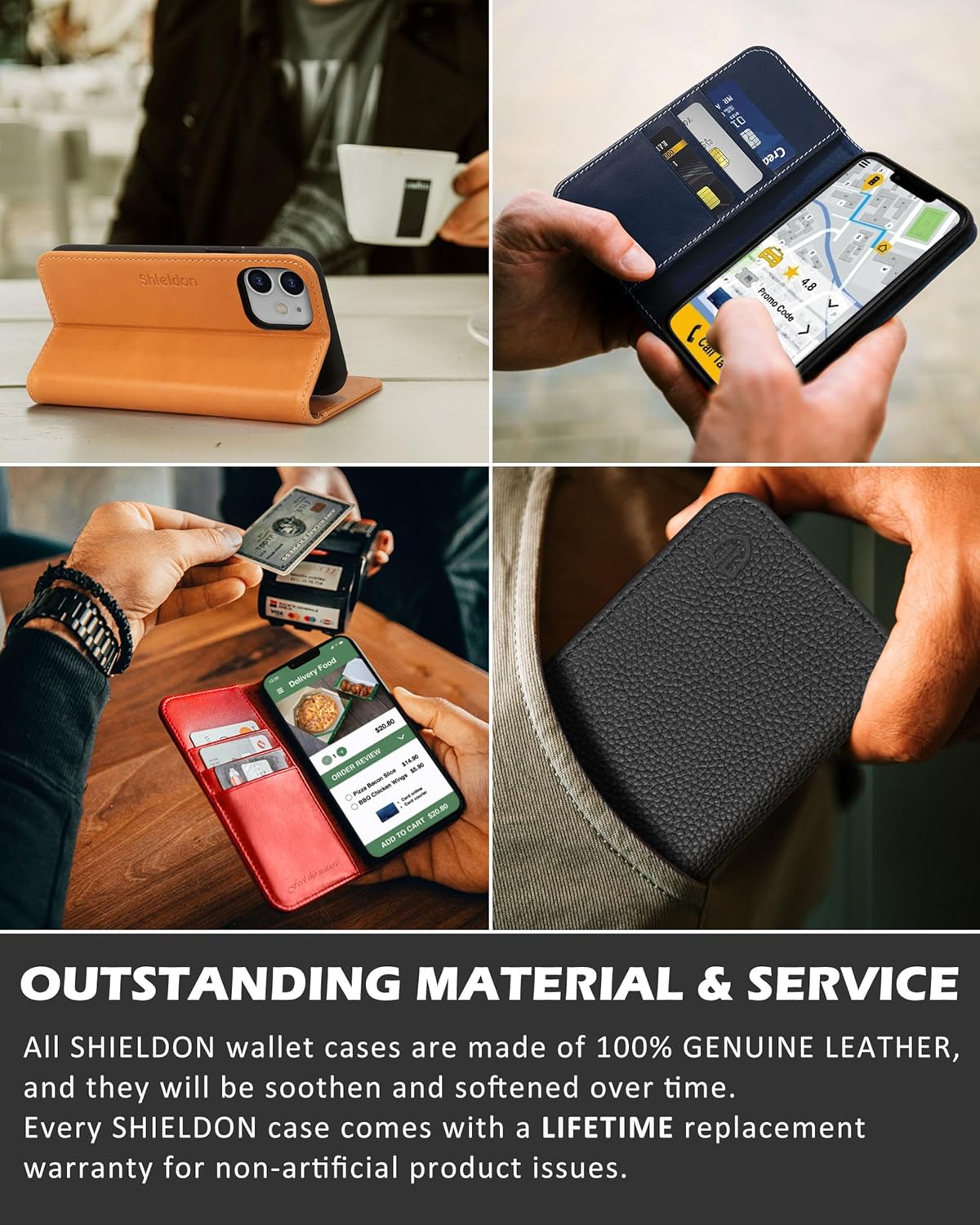 SHIELDON Funda tipo cartera para iPhone 12 Pro de 6.1 pulgadas, piel auténtica para iPhone 12, función atril y bloqueo RFID, ranuras para tarjetas