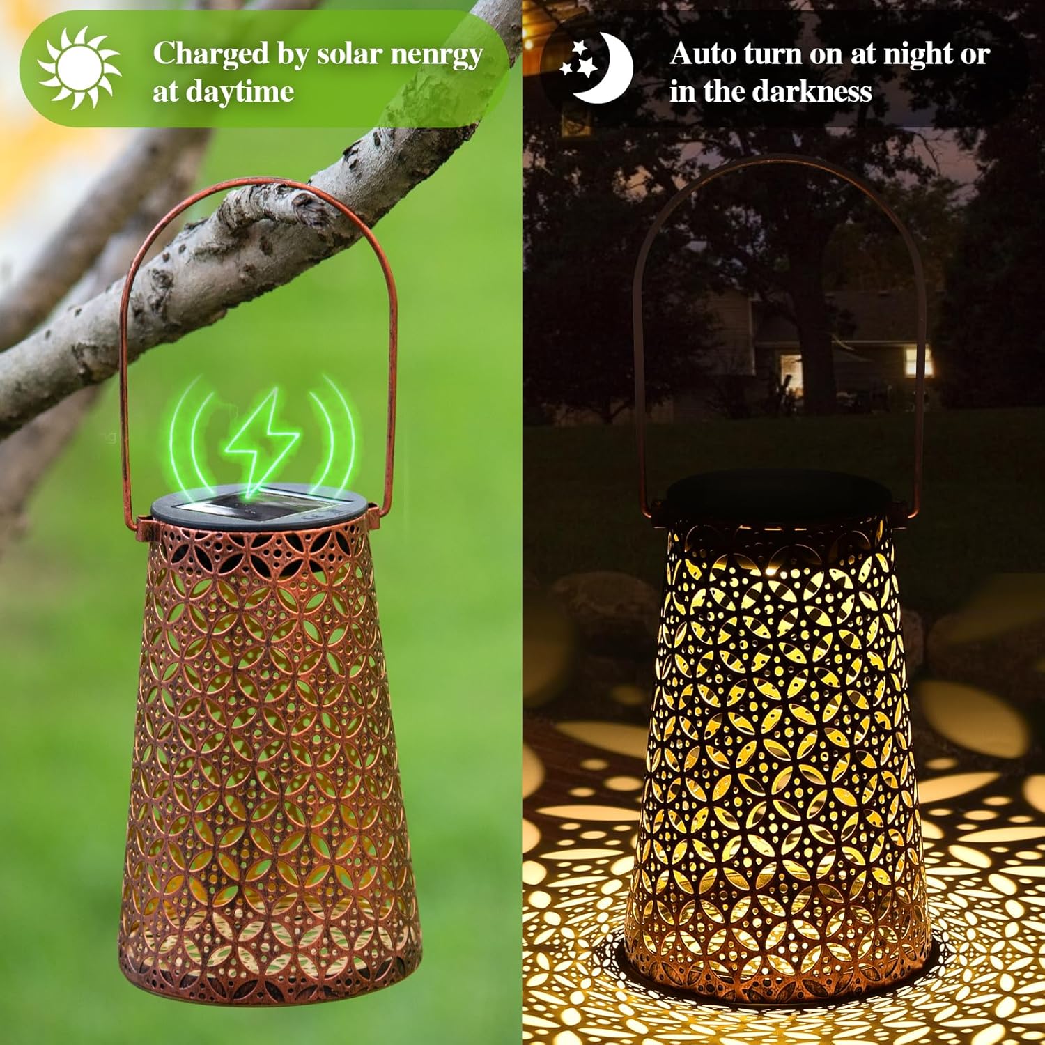 ELUTENG Faroles solares para exteriores, paquete de 2 luces solares colgantes Ip44, impermeables, faroles solares para jardín, decoración de metal,
