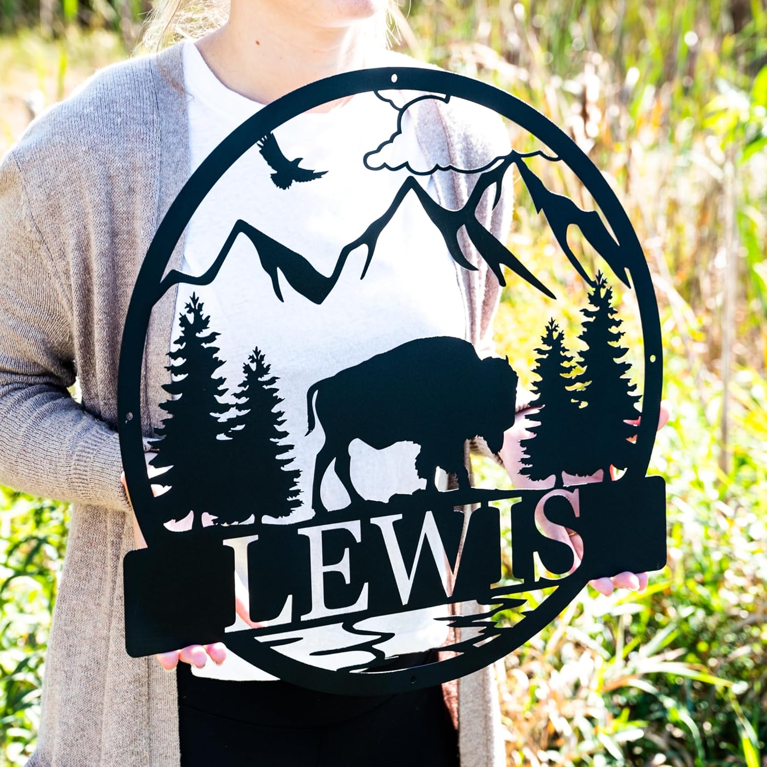 Custom Outdoor Bison Circle Monogram Sign  Lone Bison Decor  Bison Camp Sign  Buffalo Decor  Bison Name Metal Sign  Gift for Him