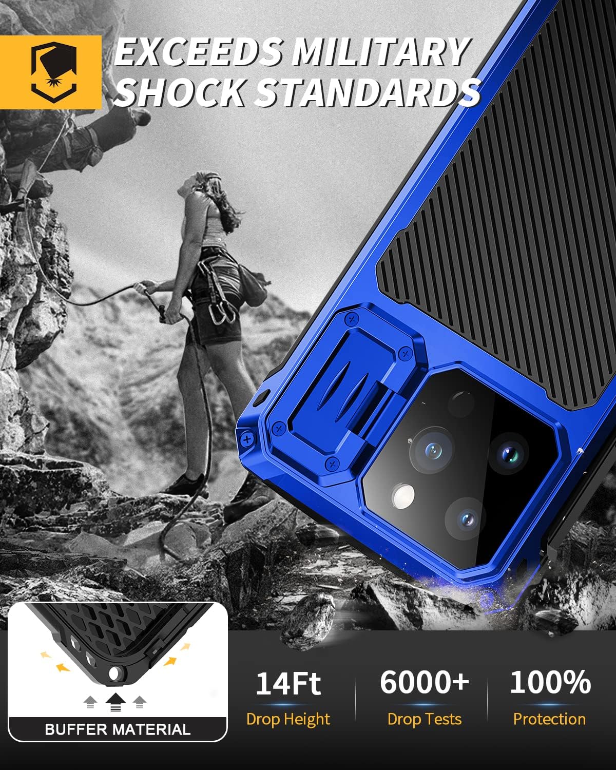 Lanhiem Funda de metal para iPhone 14 Pro Max, soporte de cámara integrado y protector de pantalla de vidrio templado protectora resistente de