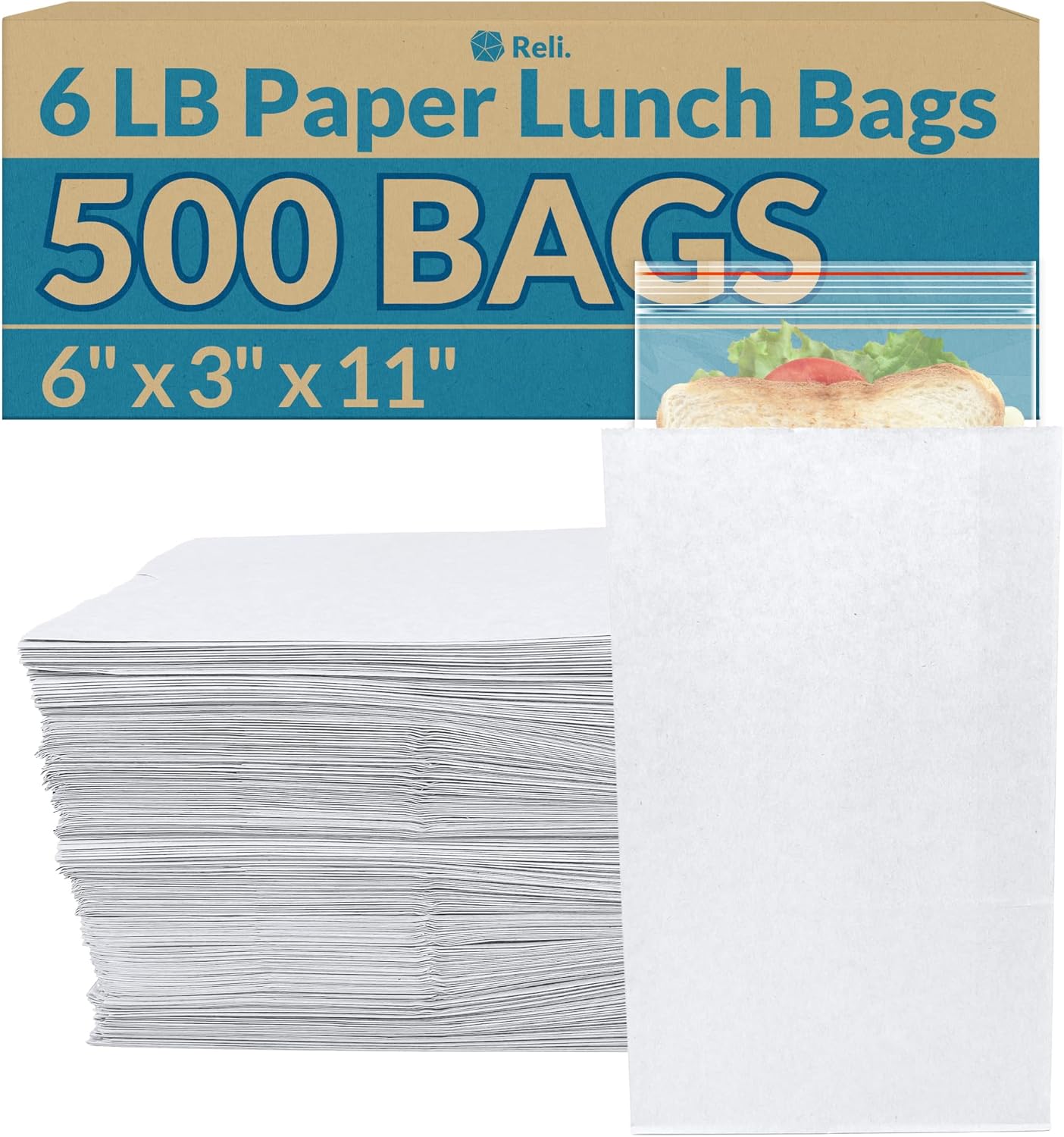 Reli. Bolsas de almuerzo de papel, 6 libras (500 unidades, a granel), bolsas de papel blanco kraft de 6 libras de capacidad, bolsas de papel