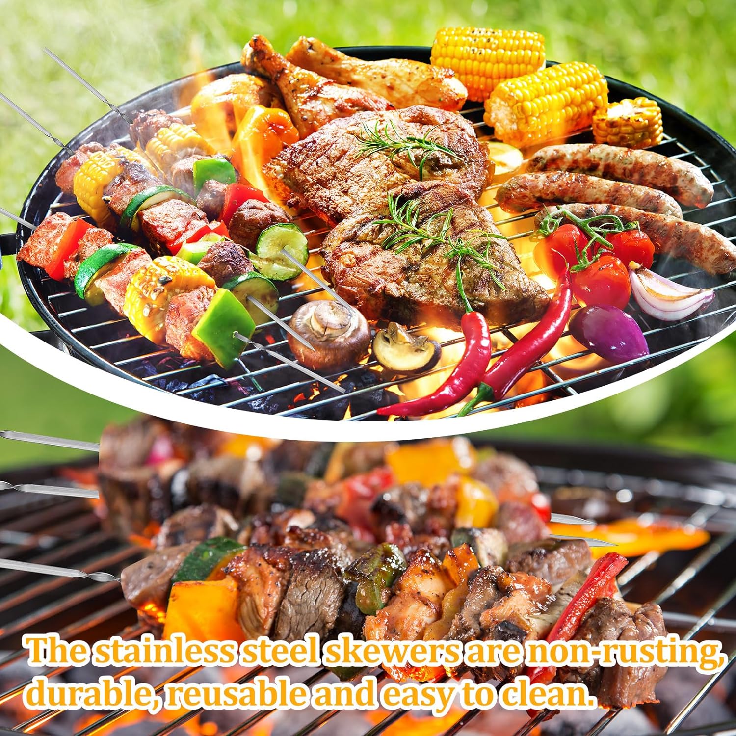 200 pinchos de metal para asar brochetas de acero inoxidable de 13.78 pulgadas para barbacoa, brochetas de parrilla reutilizables, tubo de