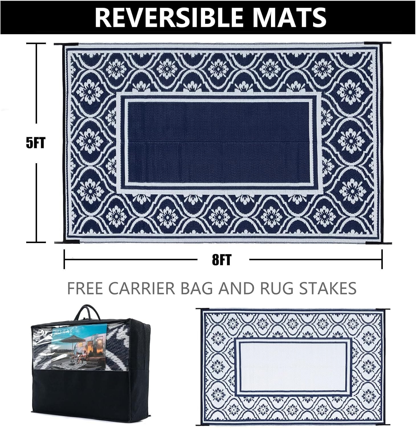 Alfombra de patio al aire libre, 5 x 8 pies, impermeable, alfombra de paja de plástico reversible azul para caravana, cubierta, camping, entrada,