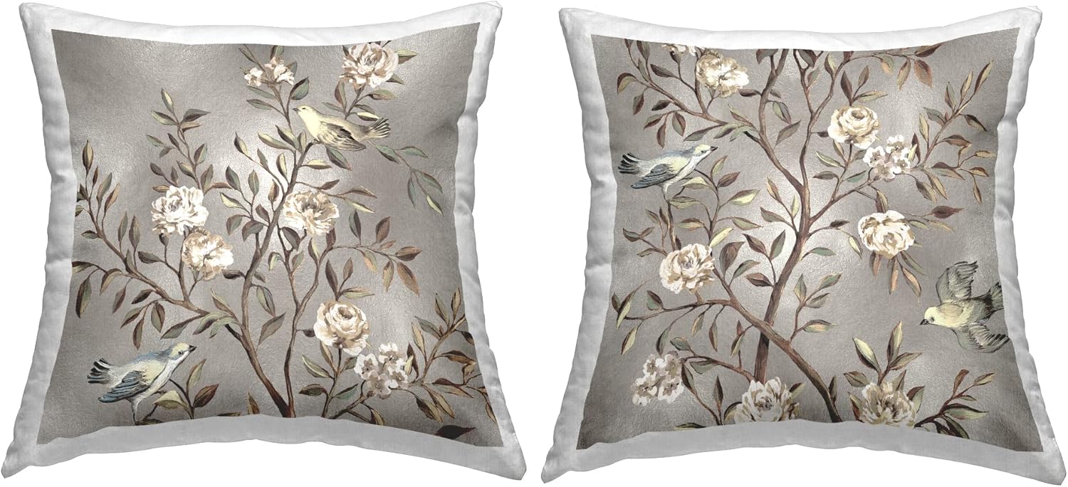 Stupell Industries Reneé Campbell – Juego de 2 almohadas con diseño de ramas de pájaros posados, 18 x 18 pulgadas, color plateado
