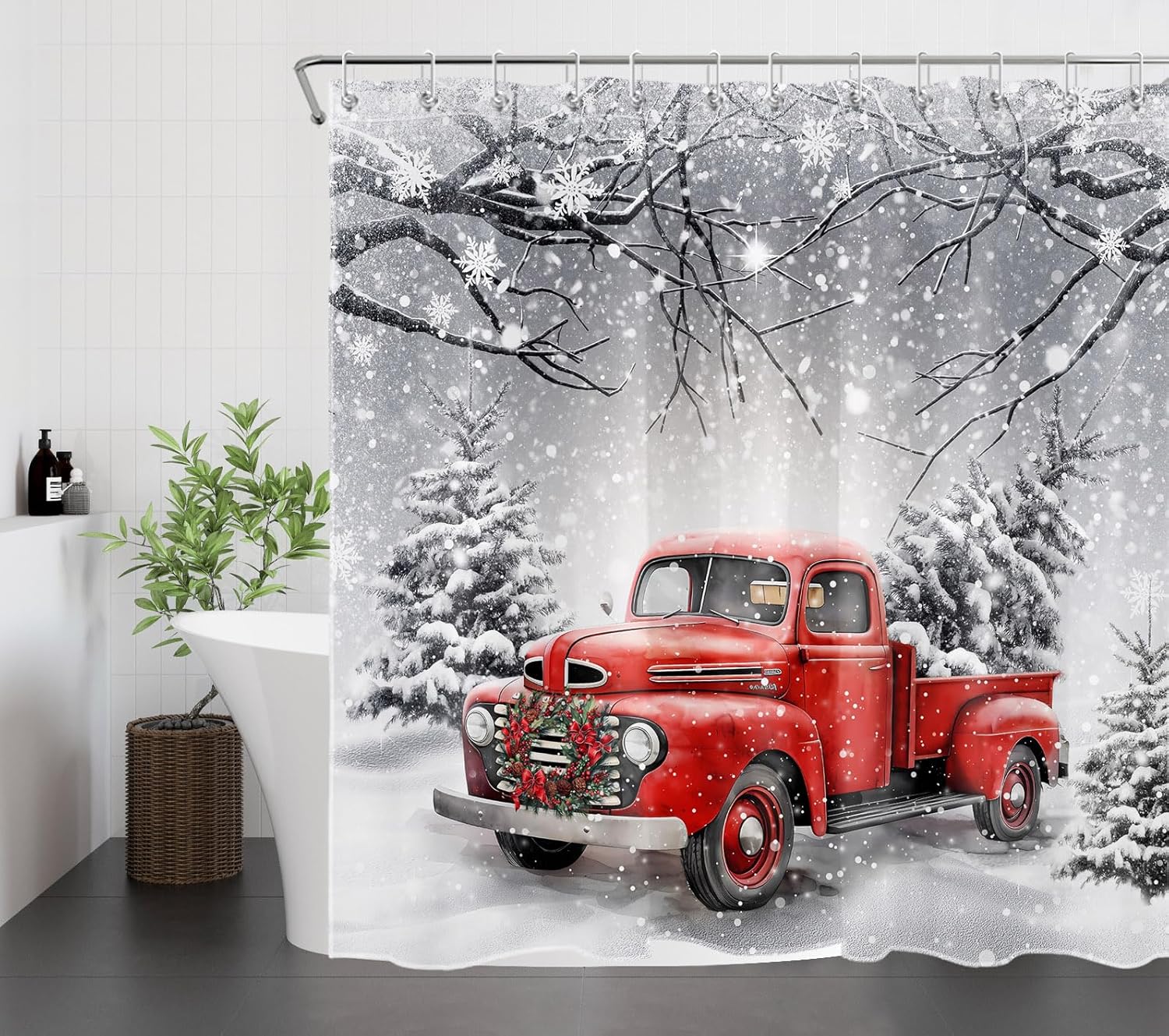 LB Red Truck Christmas Shower Curtain Sets with Rugs Xmas Wreath and Pine Tree on Retro Truck Winter Snow Fabric Shower Curtain with Hooks Snowflake