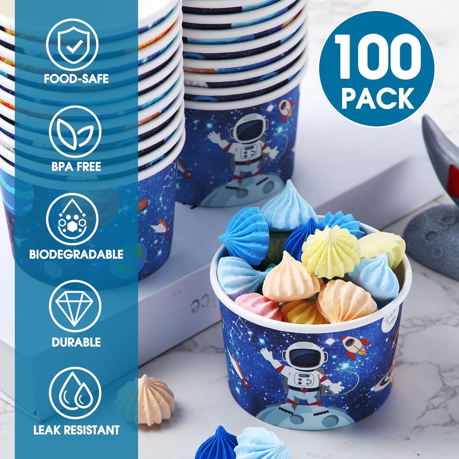 Nuanchu 100 piezas de suministros para fiestas espaciales, tazas de helado de galaxia, bloques de construcción, para aperitivos, suministros para