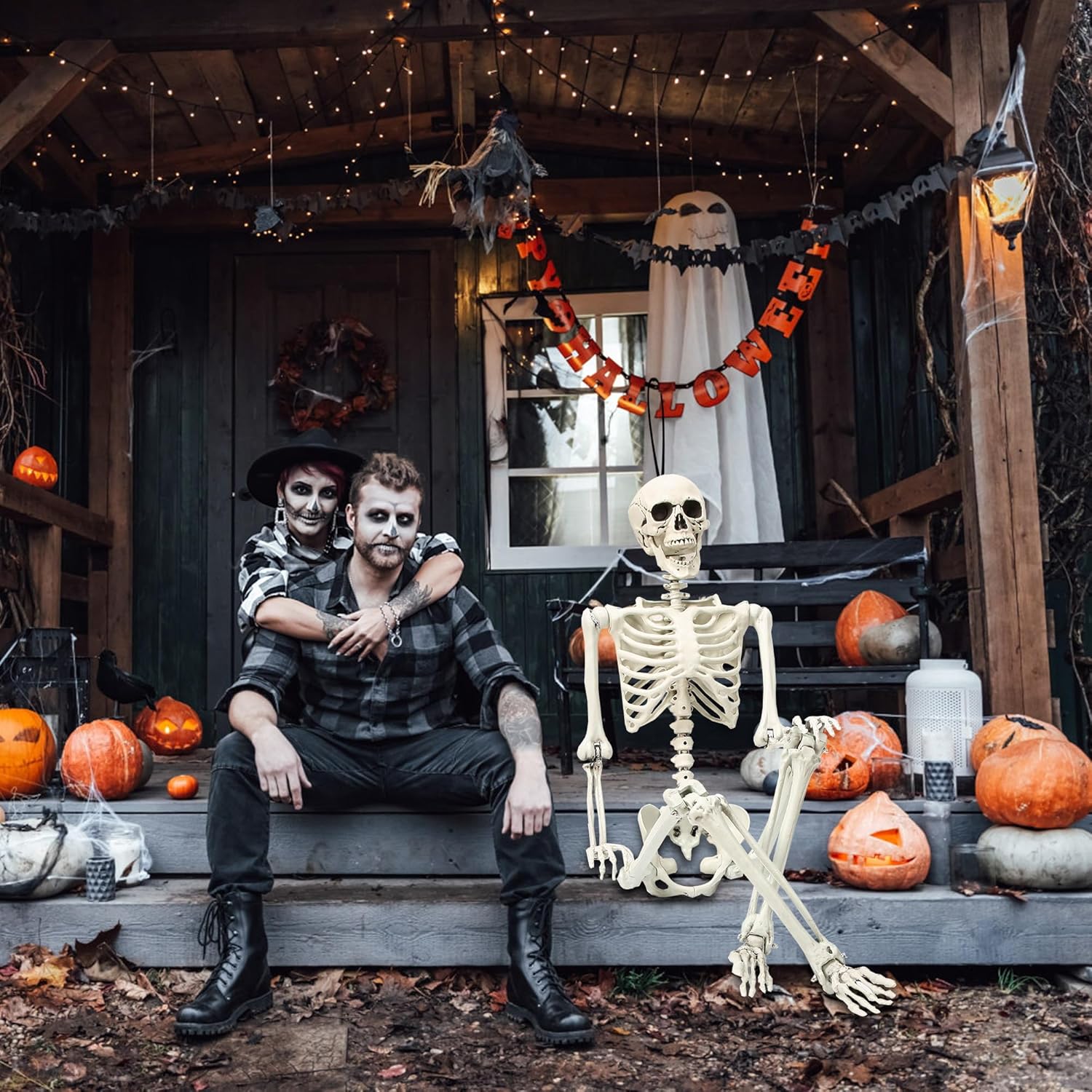 Decoración de esqueleto de Halloween de 5.4 pies, huesos humanos para fiesta de Halloween con articulaciones móviles, para casas encantadas, césped