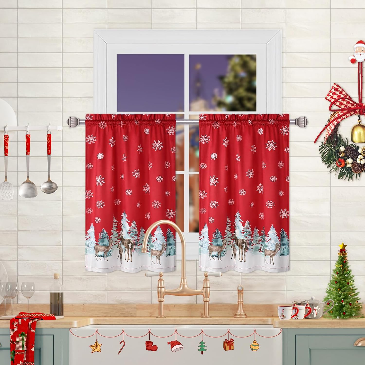 Cortina de cocina de Navidad de 24 pulgadas, con bolsillo para cortinero, 2 paneles para baño, sala de estar, decoración de Navidad