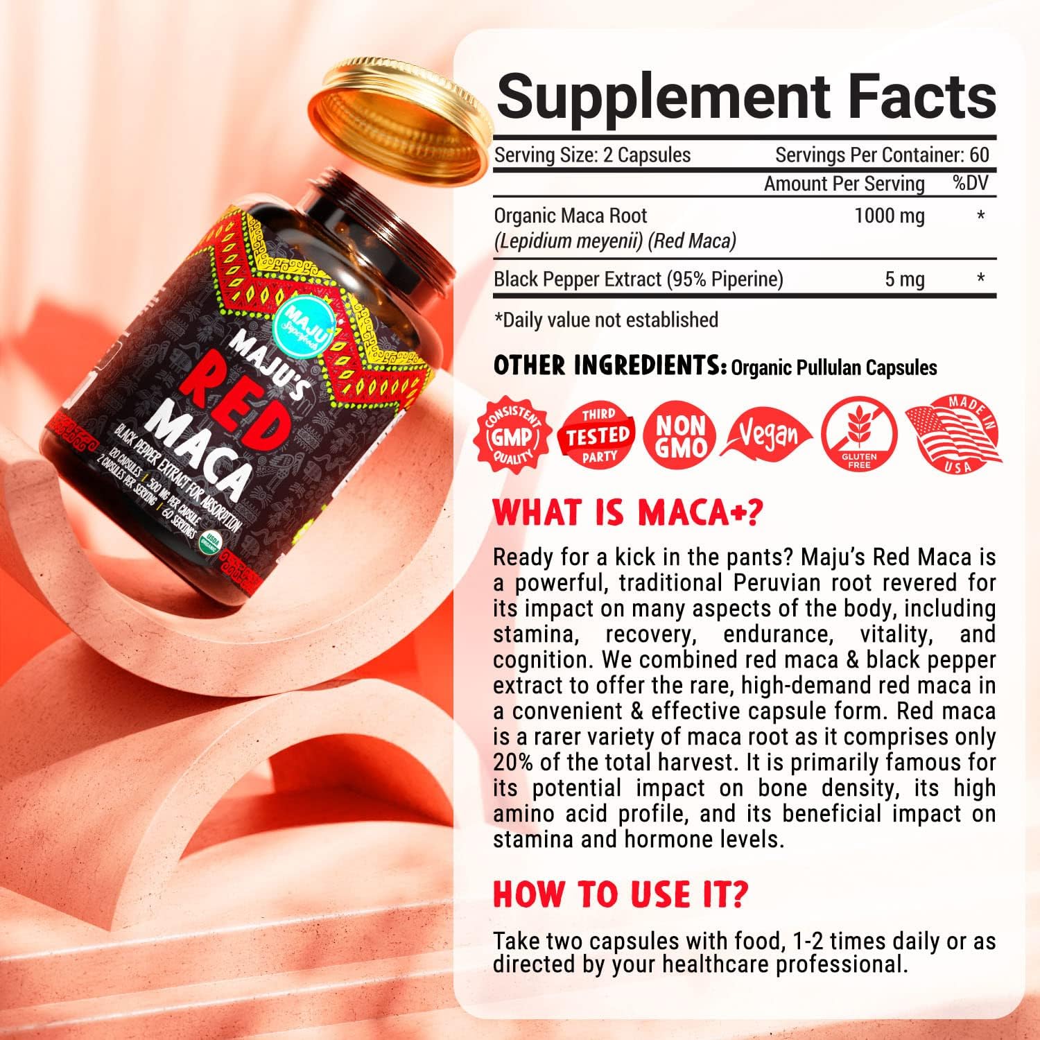 MAJU – Cápsulas orgánicas de raíz de maca roja de 120 unidades, píldoras de refuerzo de nutrición enfocadas en mujeres, aumento de muslos, polvo en