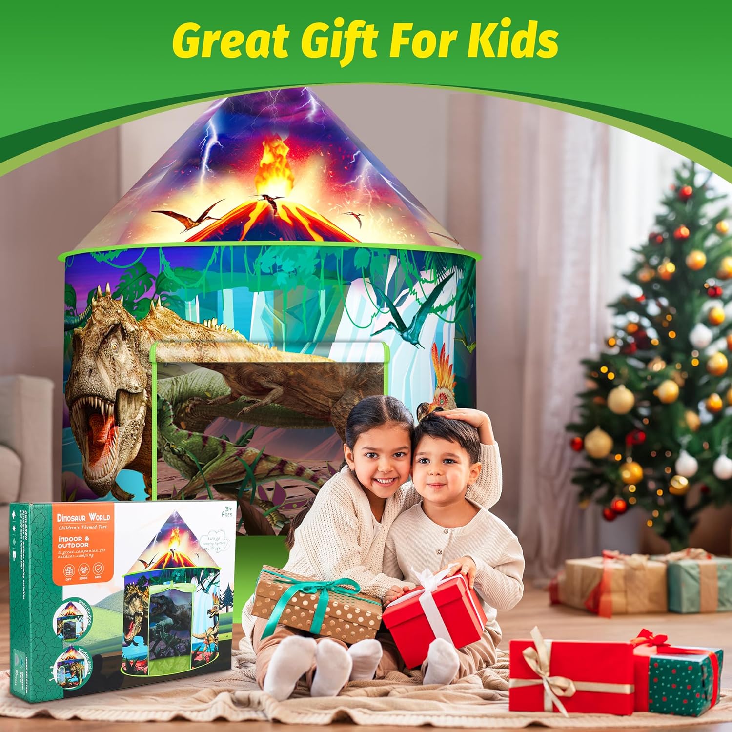 HopeRock Tienda de campaña de dinosaurio para niños con botón de rugido, tienda de campaña para niños con juguetes de dinosaurio para niños y niñas,