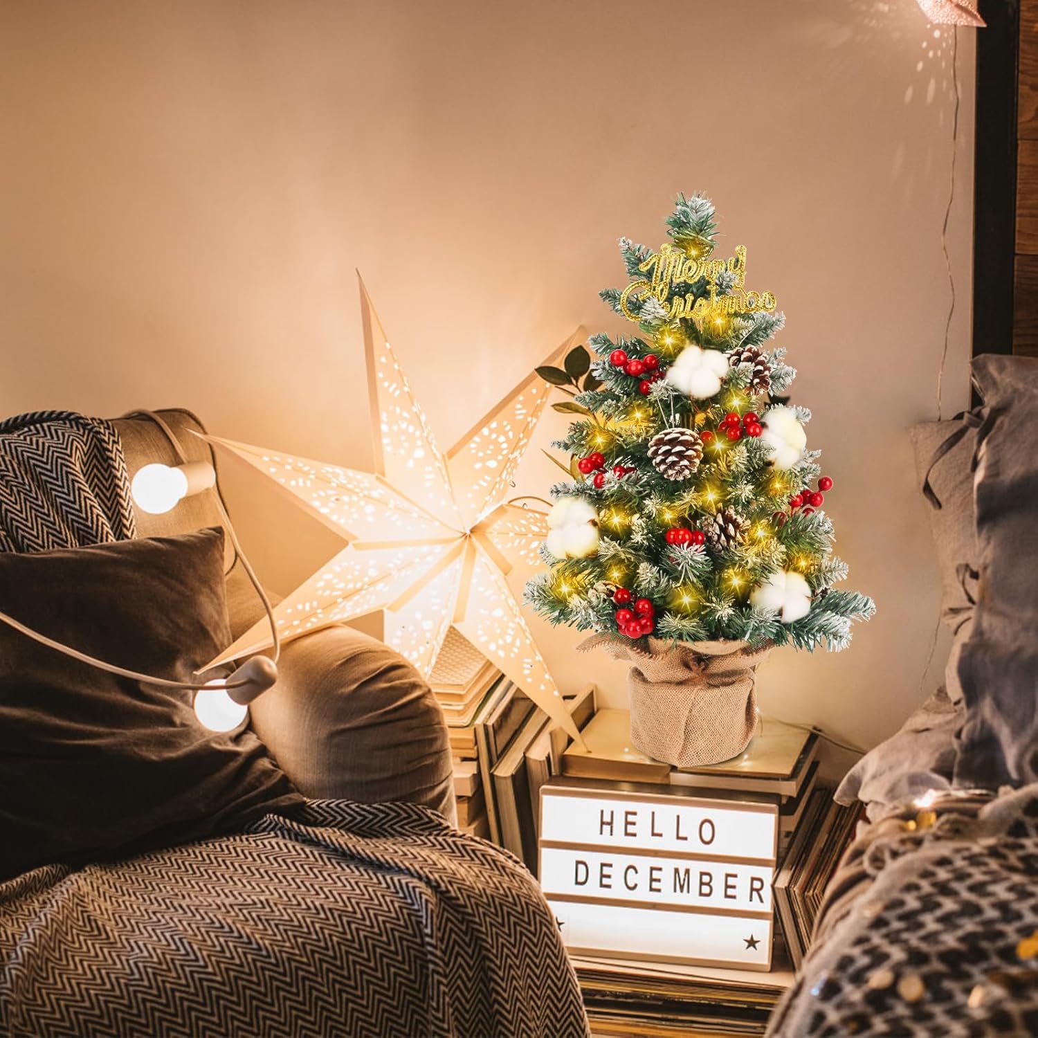 Mini árbol de Navidad artificial, de 21 pulgadas, pequeño árbol de Navidad flocado de nieve con adornos colgantes para vacaciones, interiores,