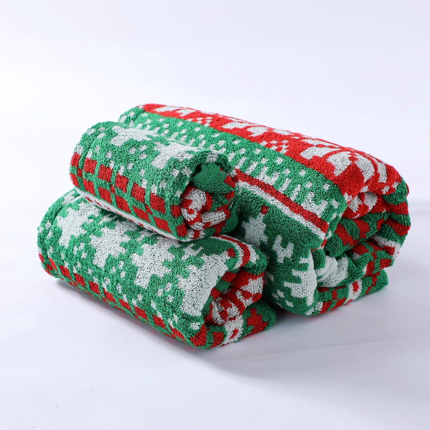 Juego de toallas de baño de lujo con diseño de copos de nieve con diseño verde para niños, 1 toalla de baño, 1 toalla de mano 100% algodón, ultra