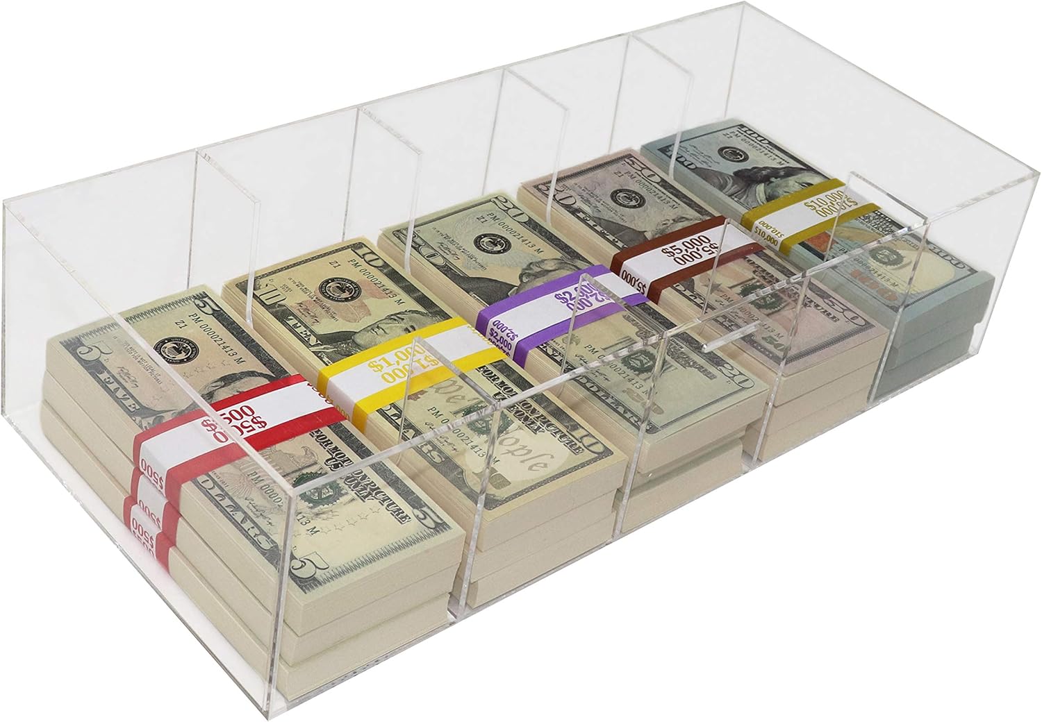Bandeja transparente para monedas, organizador de efectivo de 5 compartimentos, caja de almacenamiento de dinero, 300 envoltorios de monedas