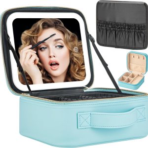 Extrei Gent Estuche de viaje de maquillaje con espejo con luz LED, 3 brillo ajustable, bolsa de cosméticos, almacenamiento portátil, partición Extrei Gent Estuche de viaje de maquillaje con espejo con luz LED, 3 brillo ajustable, bolsa de cosméticos, almacenamiento portátil, partición
