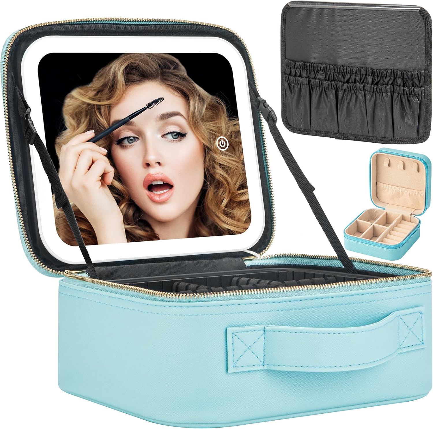 Extrei Gent Estuche de viaje de maquillaje con espejo con luz LED, 3 brillo ajustable, bolsa de cosméticos, almacenamiento portátil, partición