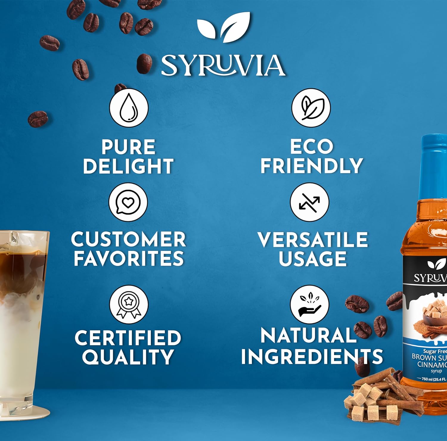 Syruvia Jarabe de café con canela y azúcar morena sin azúcar, 25.4 onzas líquidas, jarabe para café, lattes, batidos, postres, 100% vegano, sin