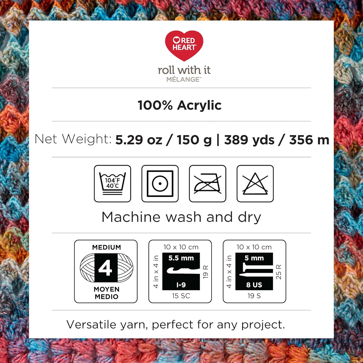 Red Heart Roll with It Melange – Hilo de autógrafo de mezcla  Paquete de 3 unidades de 5.29 oz5.3 onzas  Acrílico  4 medianos (peinado)  389 yardas