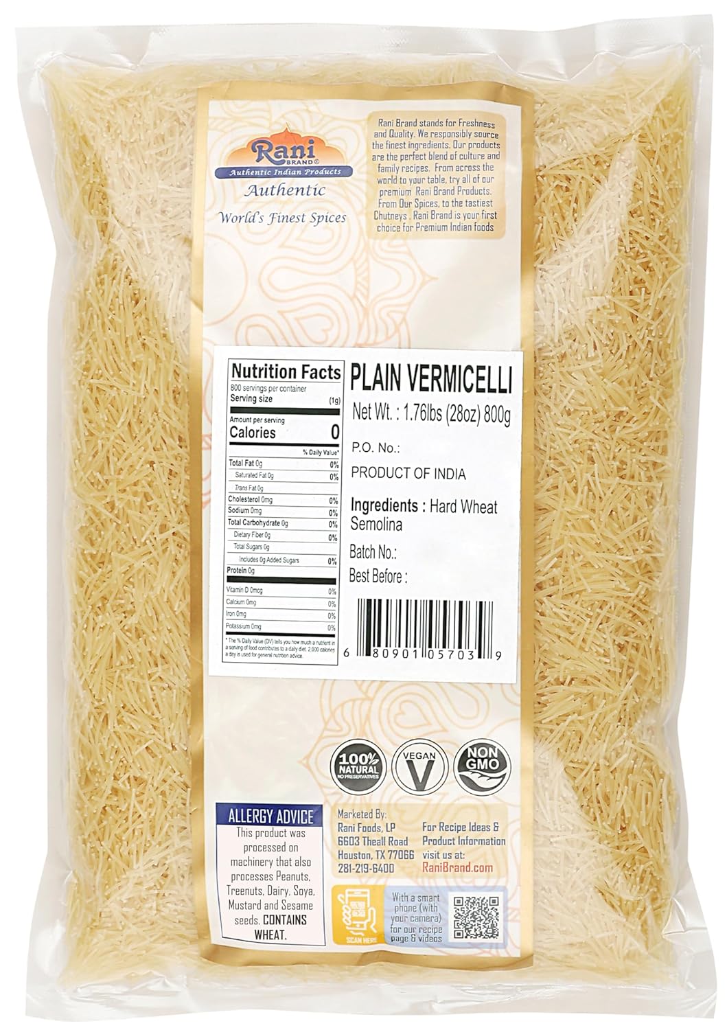 Fideos Rani (fideos de trigo) 28 onzas (1.75 libras) 28.22 oz  Todo natural  Vegano  Sin OMG  Origen indio