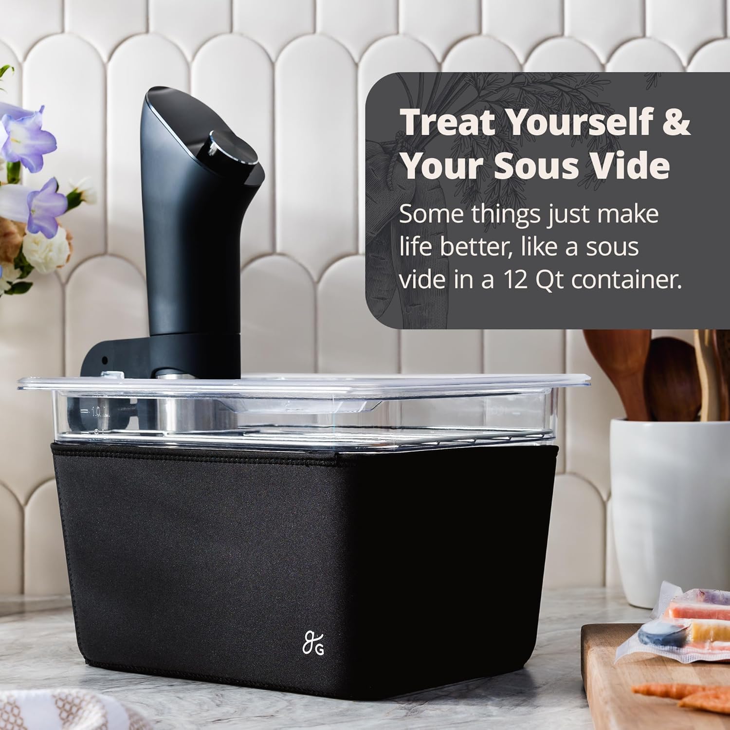 Greater Goods Kit Sous Vide – Contenedor de 12 cuartos de galón, estante de acero inoxidable, funda aislante y tapa, diseñado en San Luis (negro