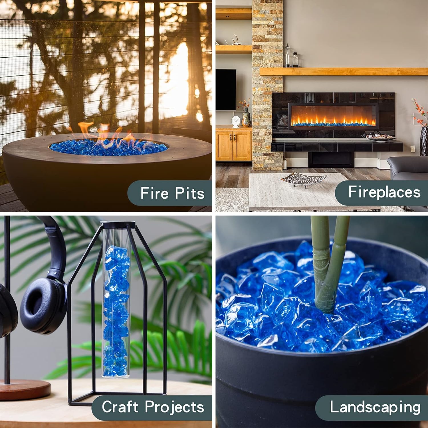 Onlyfire – Vidrio de fuego poligonal de 12 pulgada, paquete de 10 libras, roca de vidrio para chimenea, hoguera y paisajismo, azul cobalto de alto