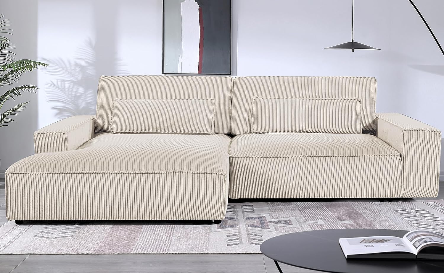 Luxe – Sofá modular de dos piezas de gran tamaño para sala de estar, sofá en forma de L con diván, tapizado con tela de pana, color beige, orientado
