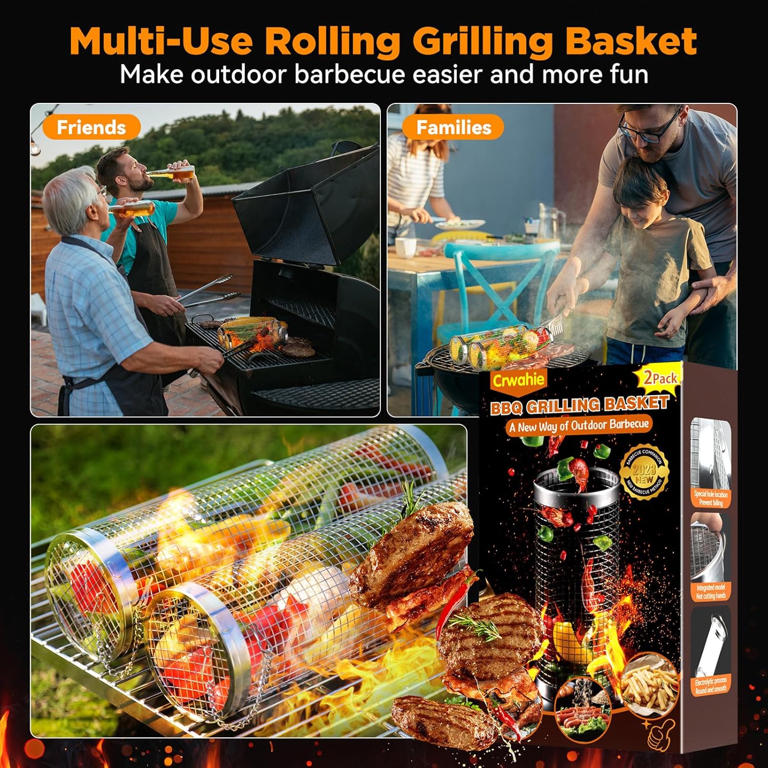 Cesta de parrilla para barbacoa, cesta rodante, accesorios de parrilla de malla de acero inoxidable, cestas de parrilla portátiles para parrilla al