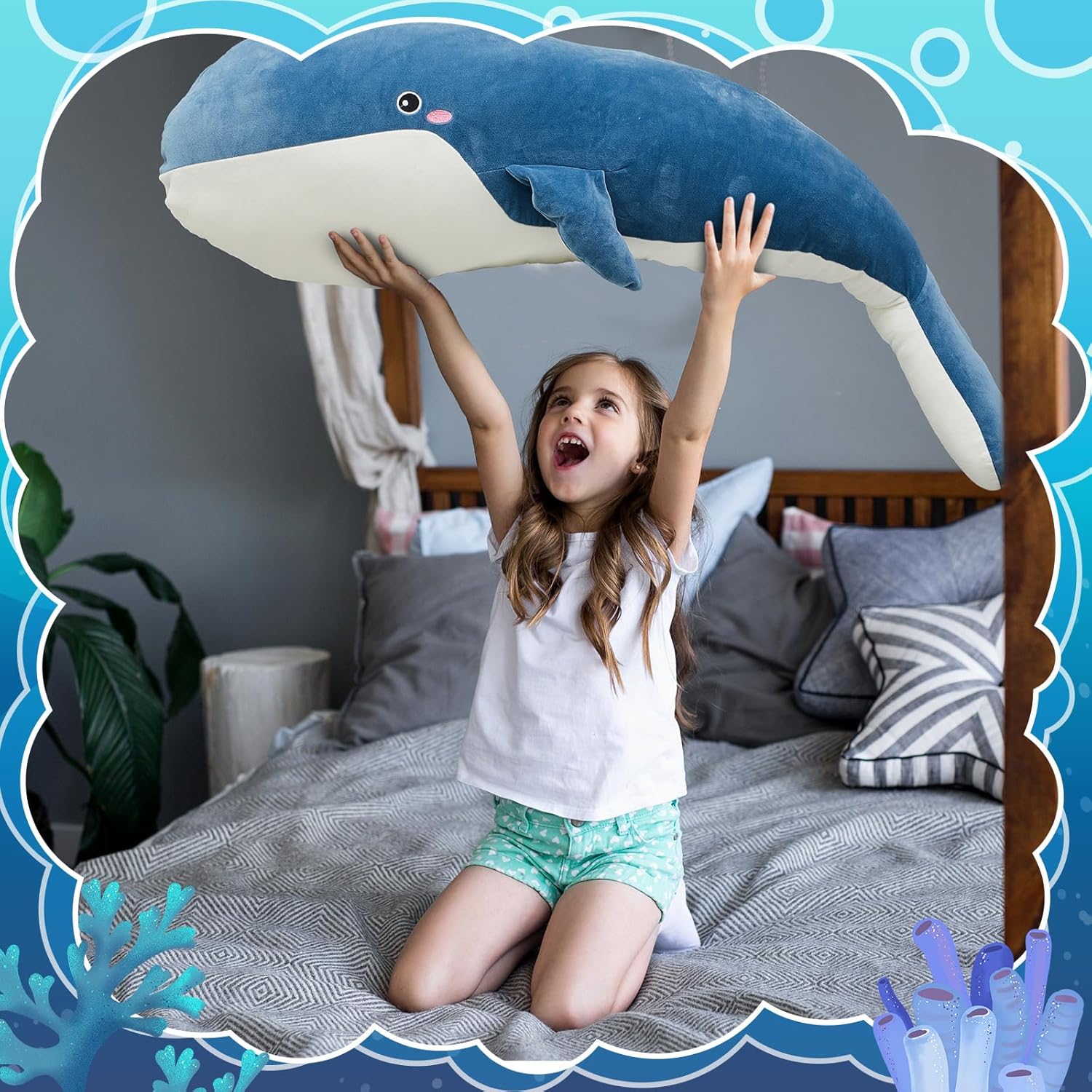 Muñeco de ballena de 47.2 pulgadas con diseño de ballena grande y delfín, lindas almohadas decorativas grandes, almohada de peluche de ballena de