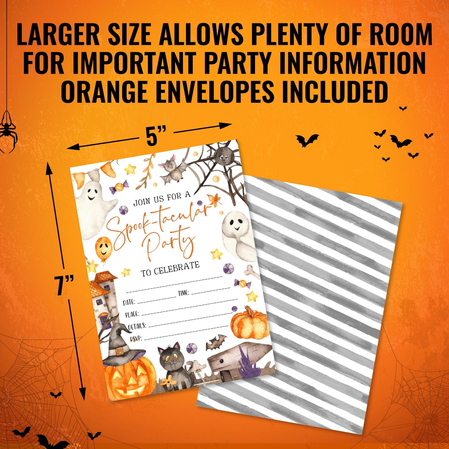 25 invitaciones espeluznantes de Halloween o fiesta de disfraces tarjetas grandes de doble cara de 5 x 7 pulgadas con sobres naranjas, calabaza,
