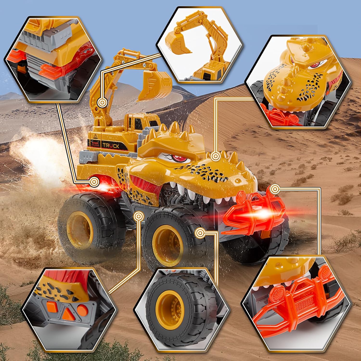Veslier Juguete de camión monstruo de dinosaurio para niños de 3, 4, 5, 6, 7 años, luces y sonidos, camión de transporte grande para niños