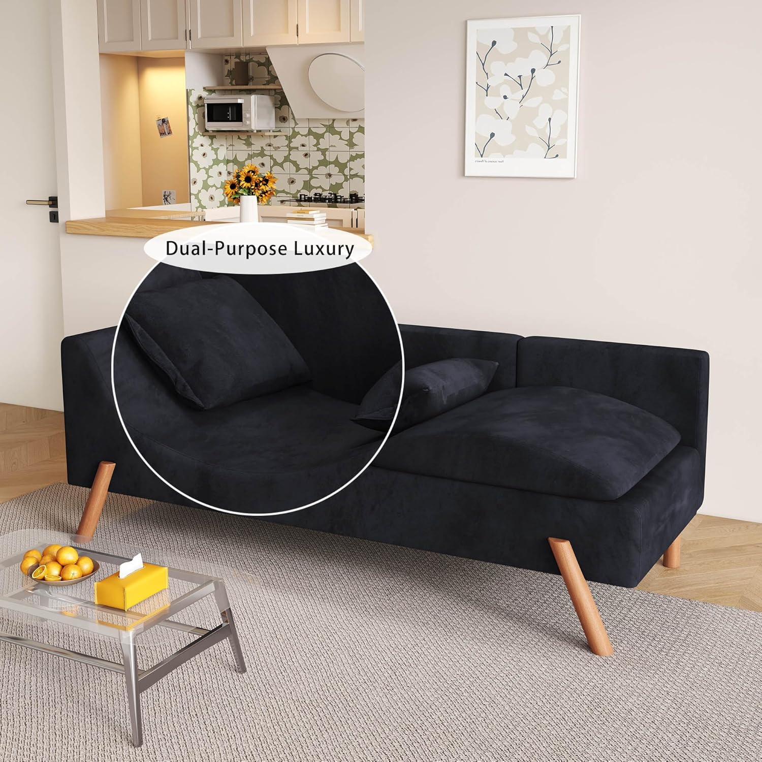 Sofá biplaza convertible de terciopelo de 65 pulgadas, moderno de mediados de siglo, con patas de madera para sala de estar, tumbona corta y