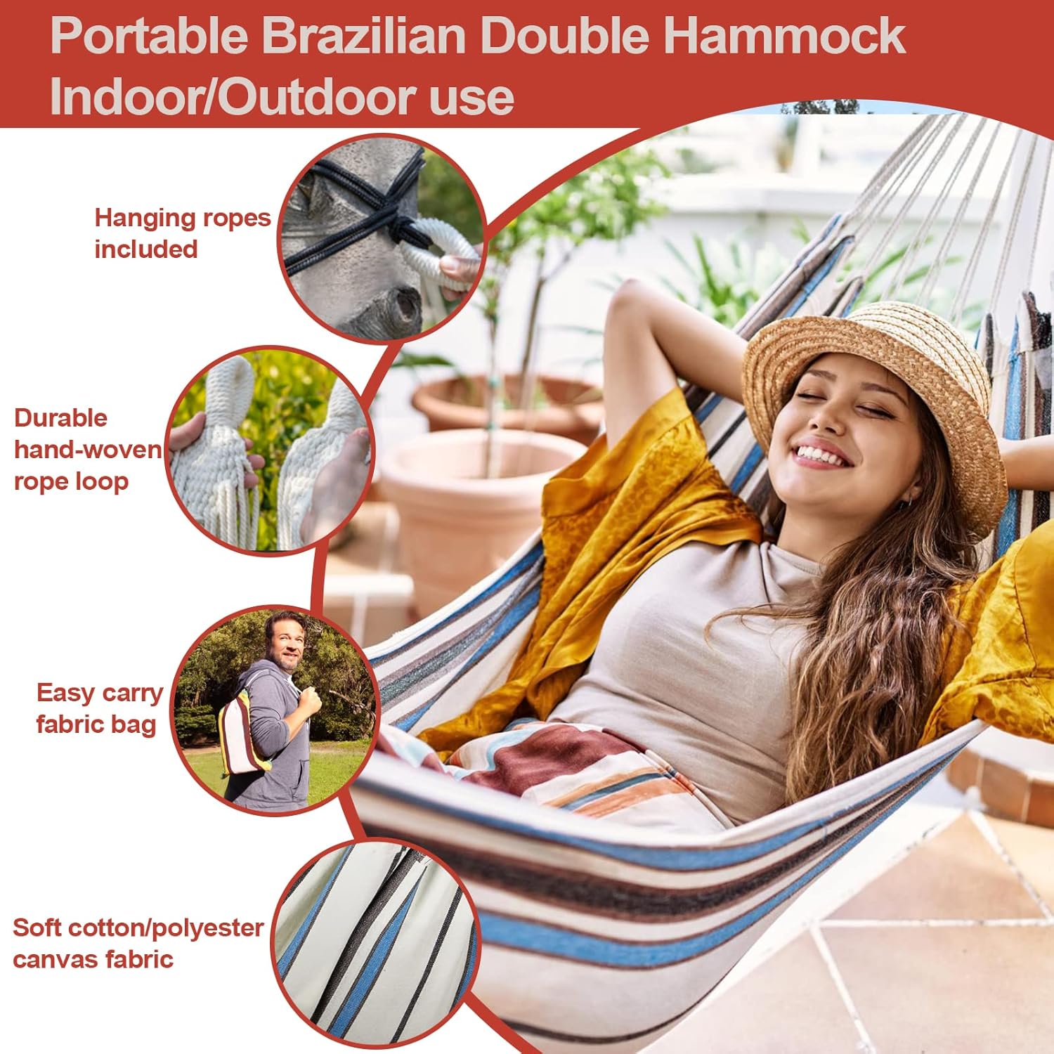 JoyView Hamaca brasileña para hamaca portátil de una sola presión con cuerdas para colgar y bolsa de transporte, hamaca grande de algodón de 78.8 x