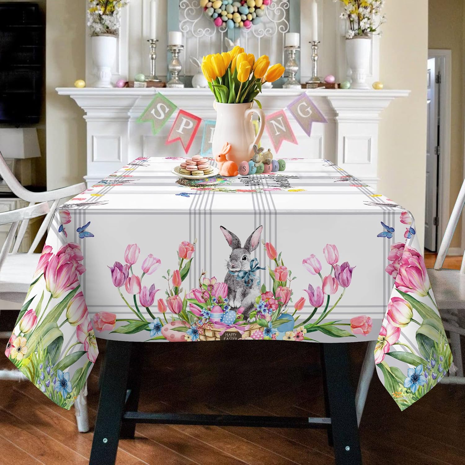 Hexagram Mantel de Pascua, mantel rectangular de 52 x 70 pulgadas, tela de primavera, decoración de conejito para cena, fiestas