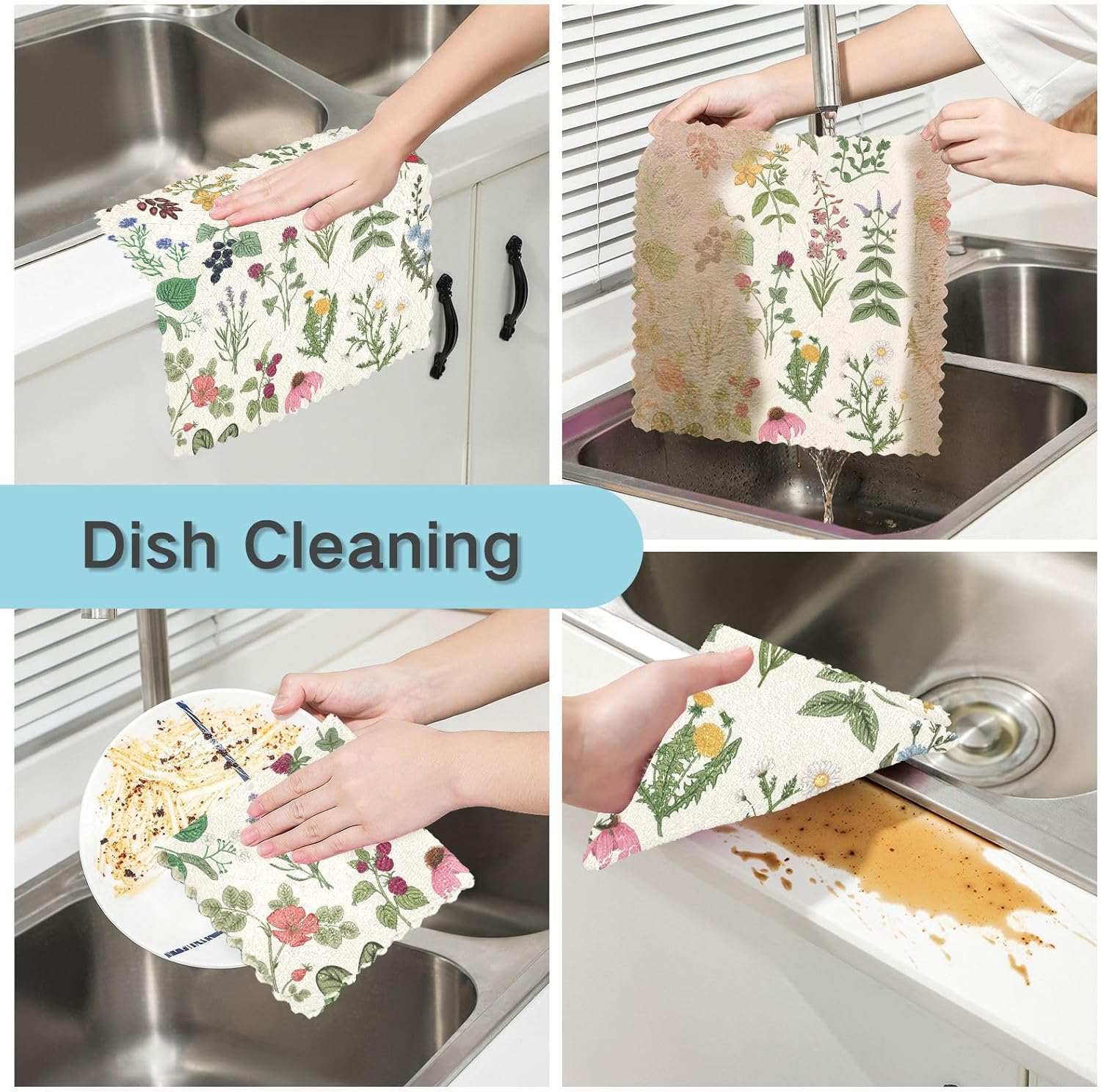 Wild Herbs Plant Fruit Flower Cotton Decorative Microfiber Towel for Kitchen Fast Drying Set of 6 Tea Cup Kitchen Towels for Restaurant Sink
