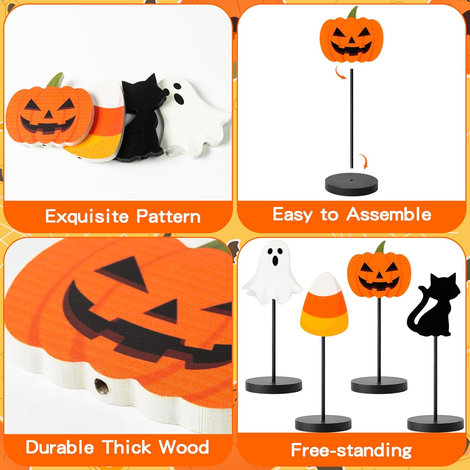WATINC 4 piezas de decoración de mesa de madera de Halloween, gato negro, fantasma, calabaza, caramelo, maíz, bandeja escalonada de madera,